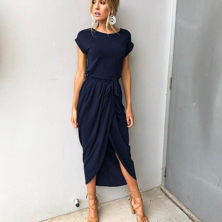 Robe Maxi Femme Asymétrique Avec Ceinture Manches Courtes Fente Haute Pour Journée et Soirée Amawinc