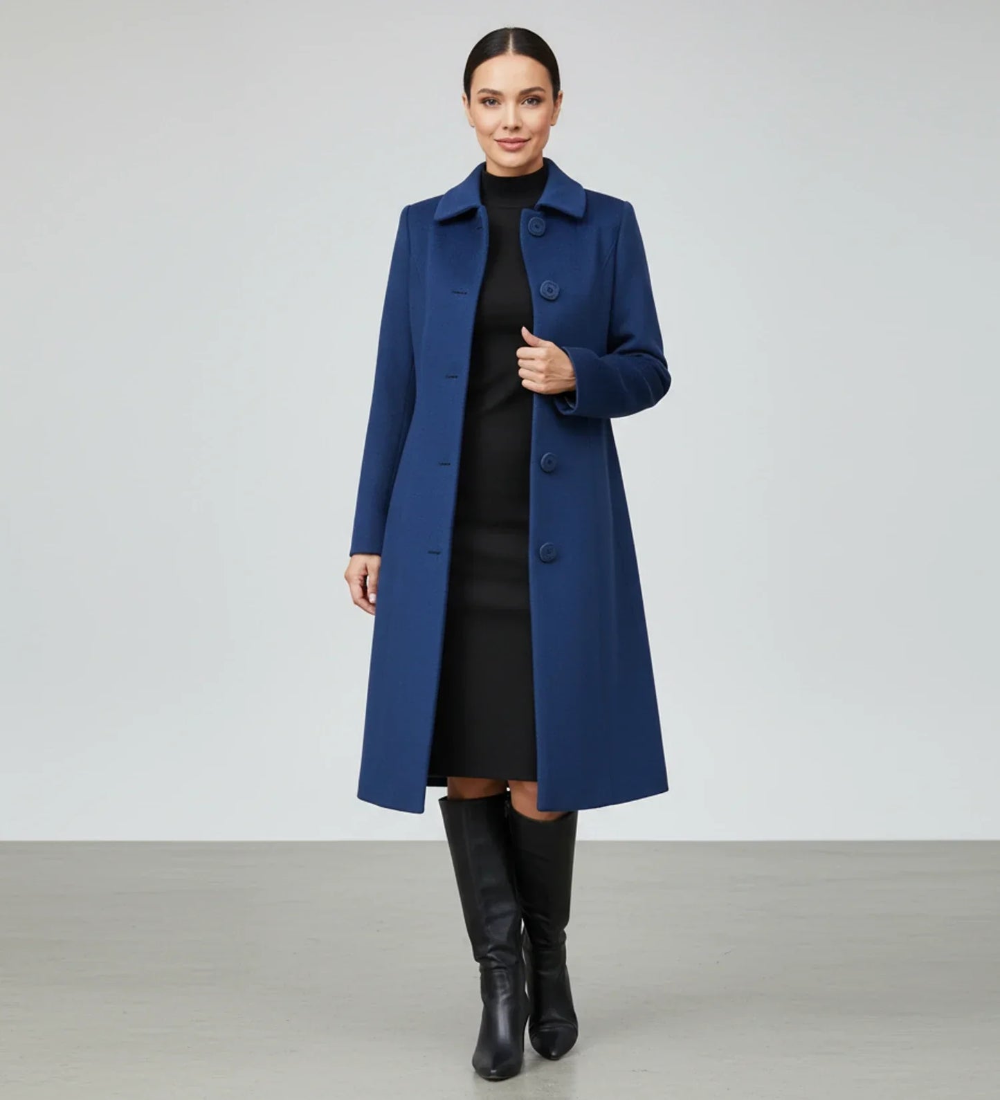 Manteau Long À Simple Boutonnage Style Walker Pour Femme Au Col Rehaussé Et Silhouette A Ligne Évasée