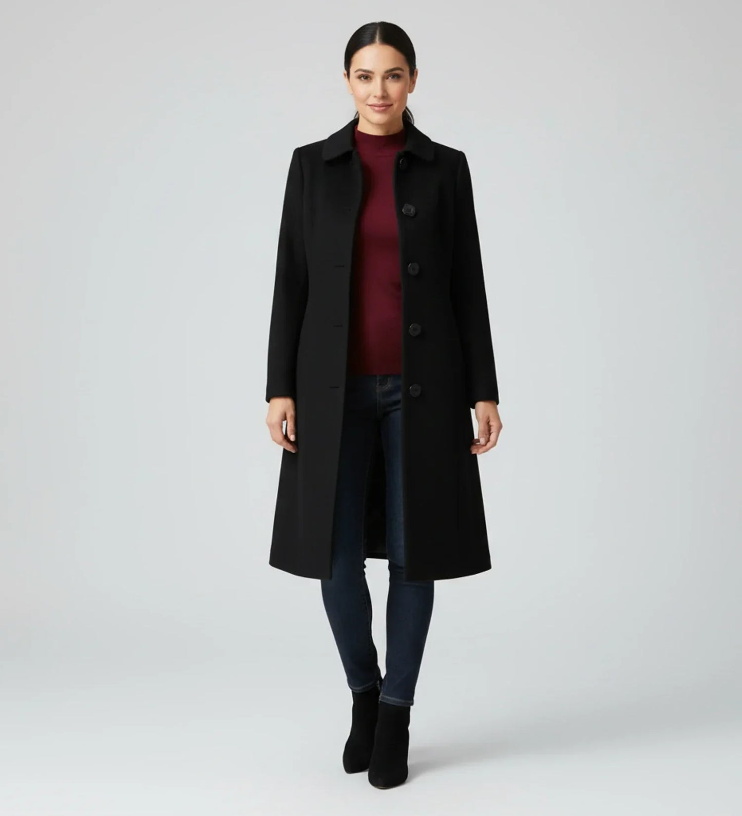 Manteau Long À Simple Boutonnage Style Walker Pour Femme Au Col Rehaussé Et Silhouette A Ligne Évasée
