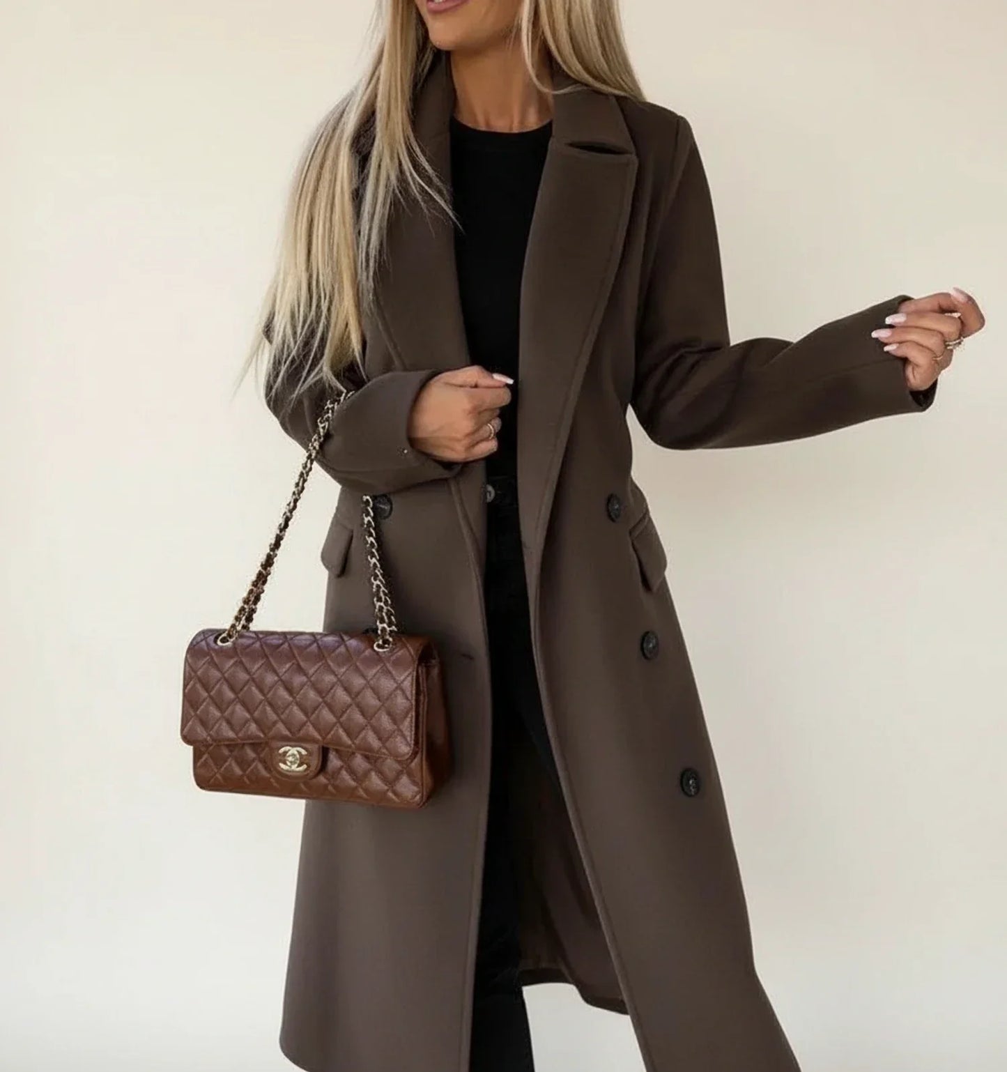 Manteau Midi D'Hiver Ceinturé Pour Femme Double Boutonnage Col Revers Classique