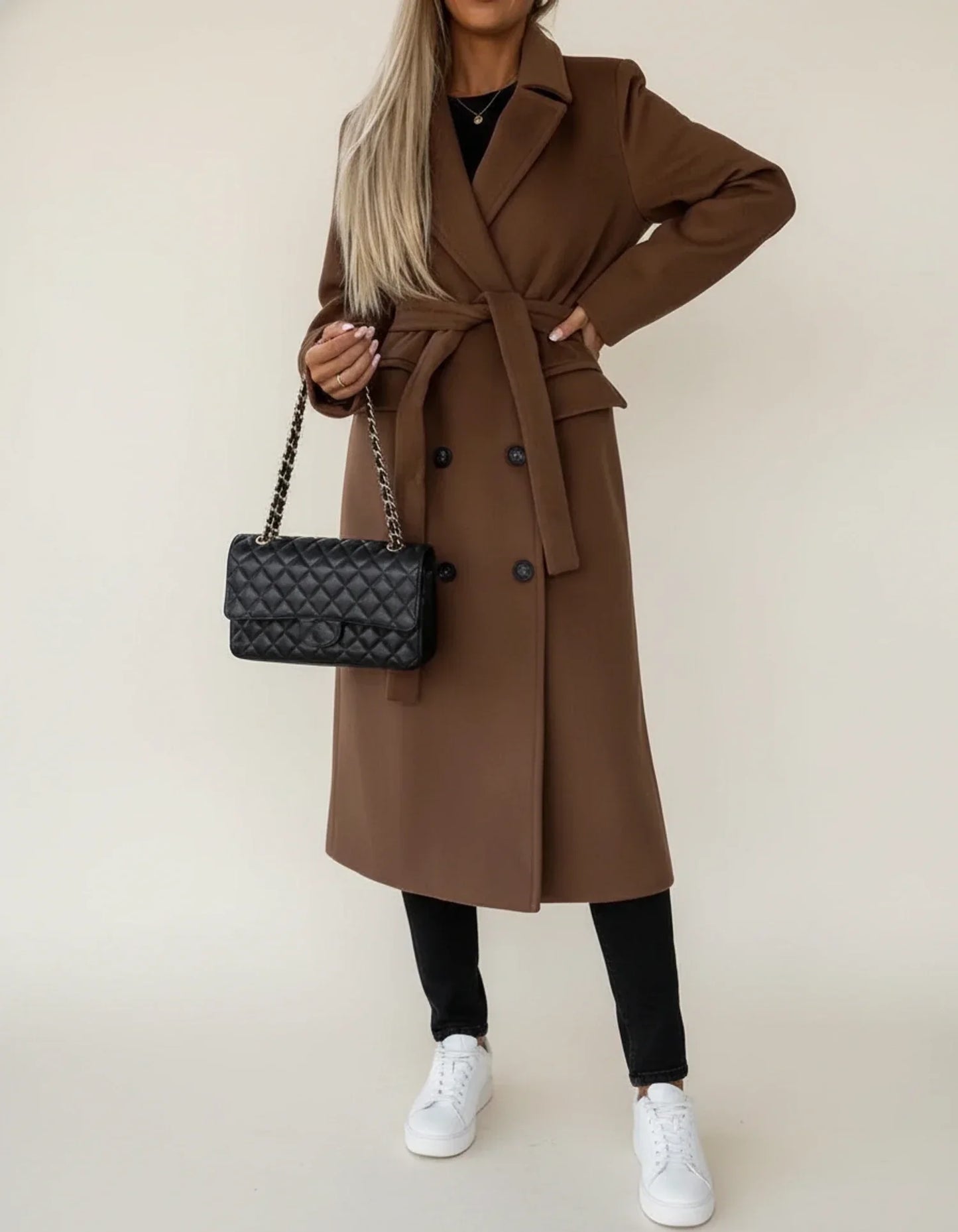 Manteau Midi D'Hiver Ceinturé Pour Femme Double Boutonnage Col Revers Classique