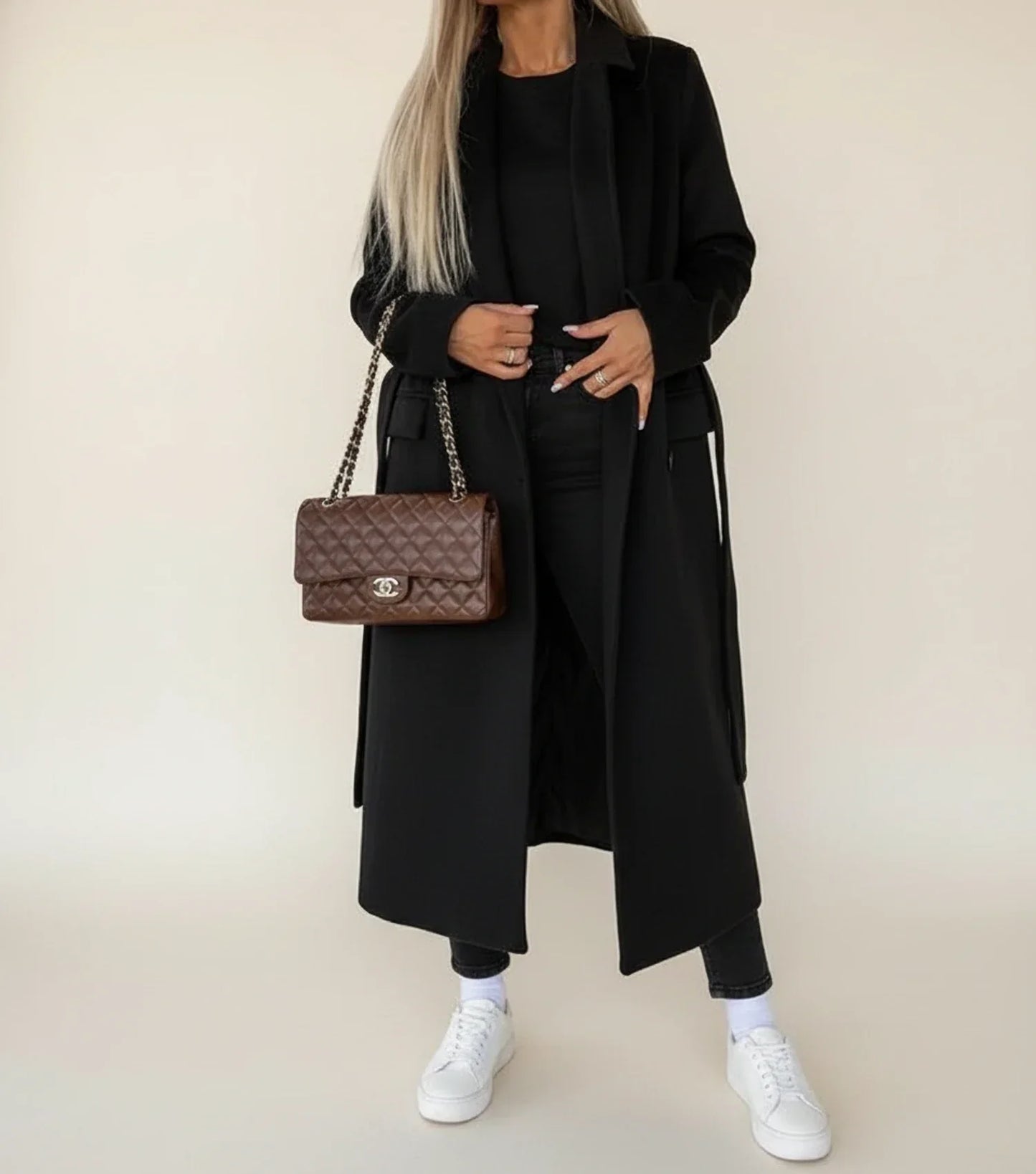 Manteau Midi D'Hiver Ceinturé Pour Femme Double Boutonnage Col Revers Classique