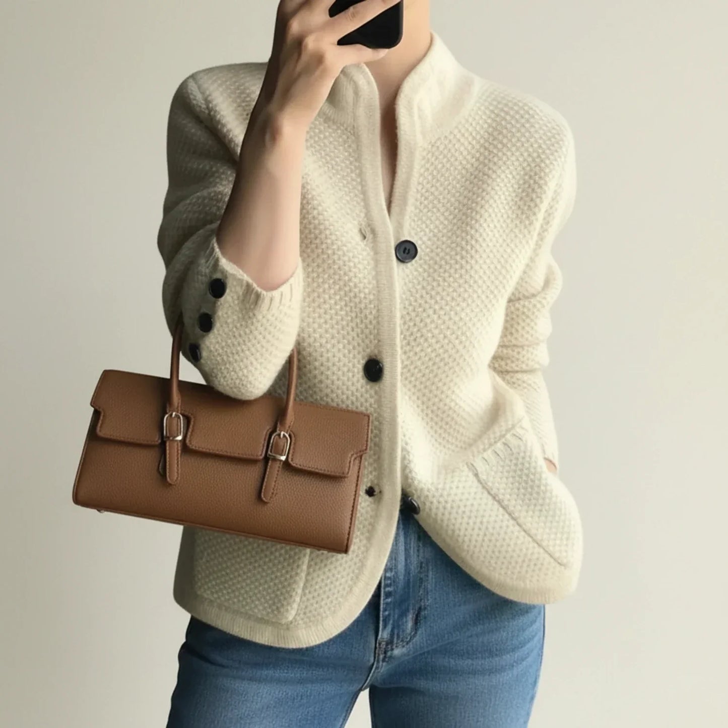 Veste Cardigan Tricot Hiver Boutonnée Pour Femme Col Debout Poches Pratiques Style Décontracté