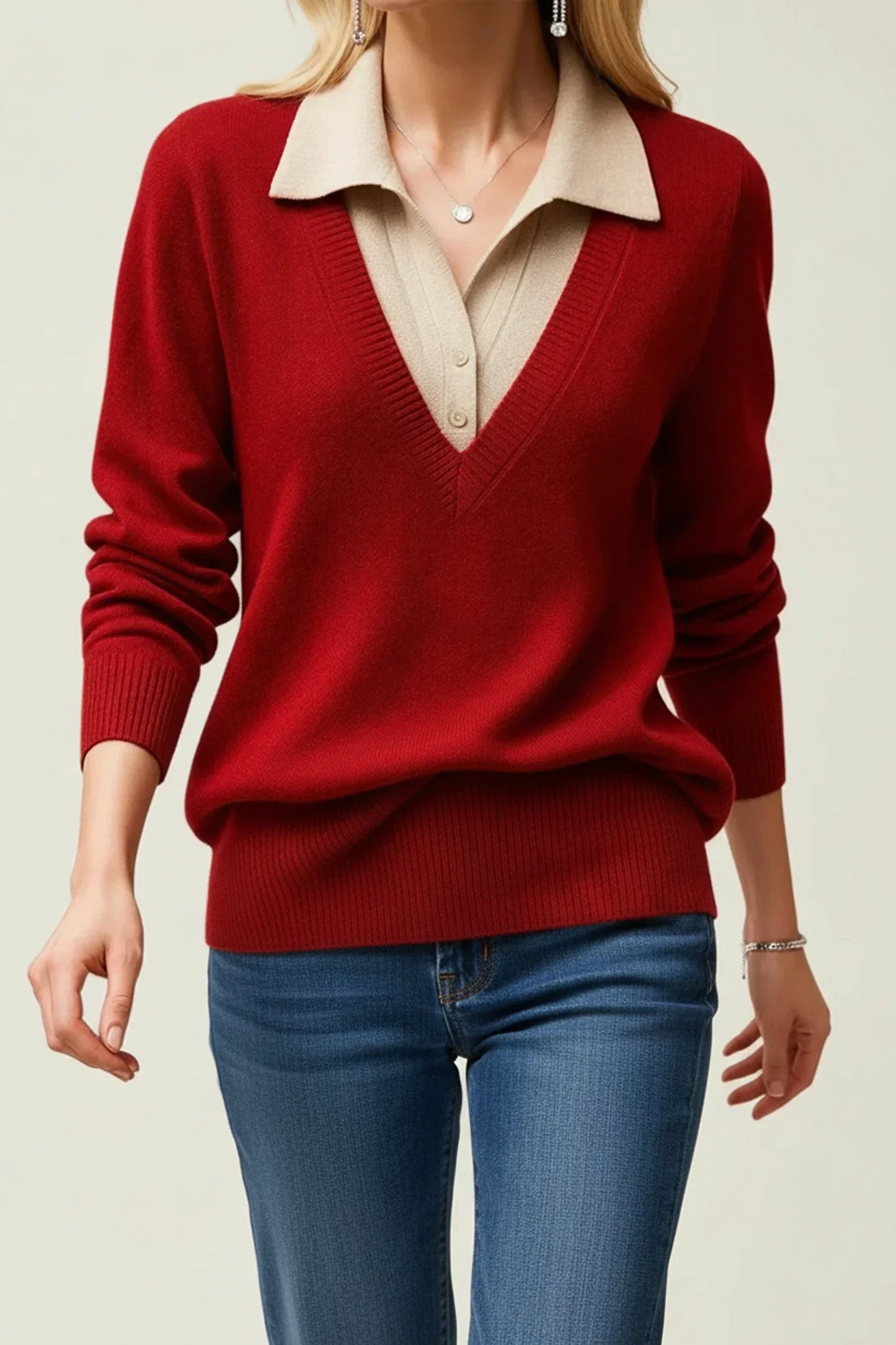 Pull Femme Col Chemise Boutonné Manches Boutonnées Élégant Polyvalent Pour Toutes Occasions