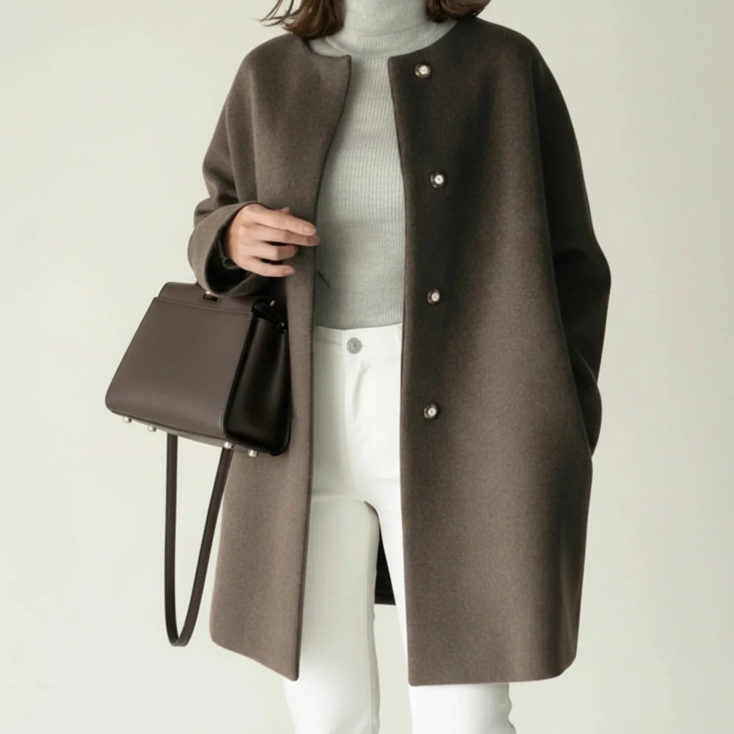 Manteau D'Hiver Minimaliste Sans Col Pour Femmes Avec Boutonnage Devant Coupe A Line Tenue Quotidienne Et Élégante