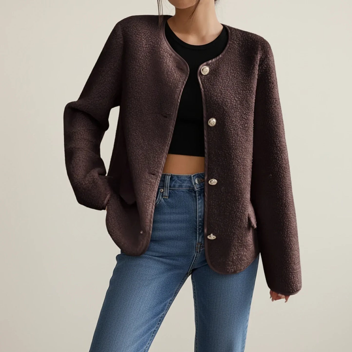 Veste Tweed Sans Col Femme Boutons Devant Poches Plaquées Et Coupe Décontractée Pour Un Style Chic Quotidien