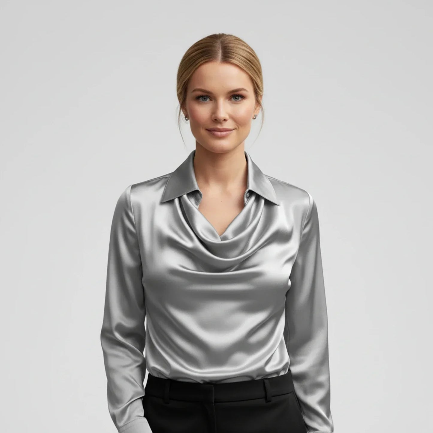 Blouse Femme À Encolure Cowl Drapée Avec Col Et Manches Longues Pour Sorties Élégantes