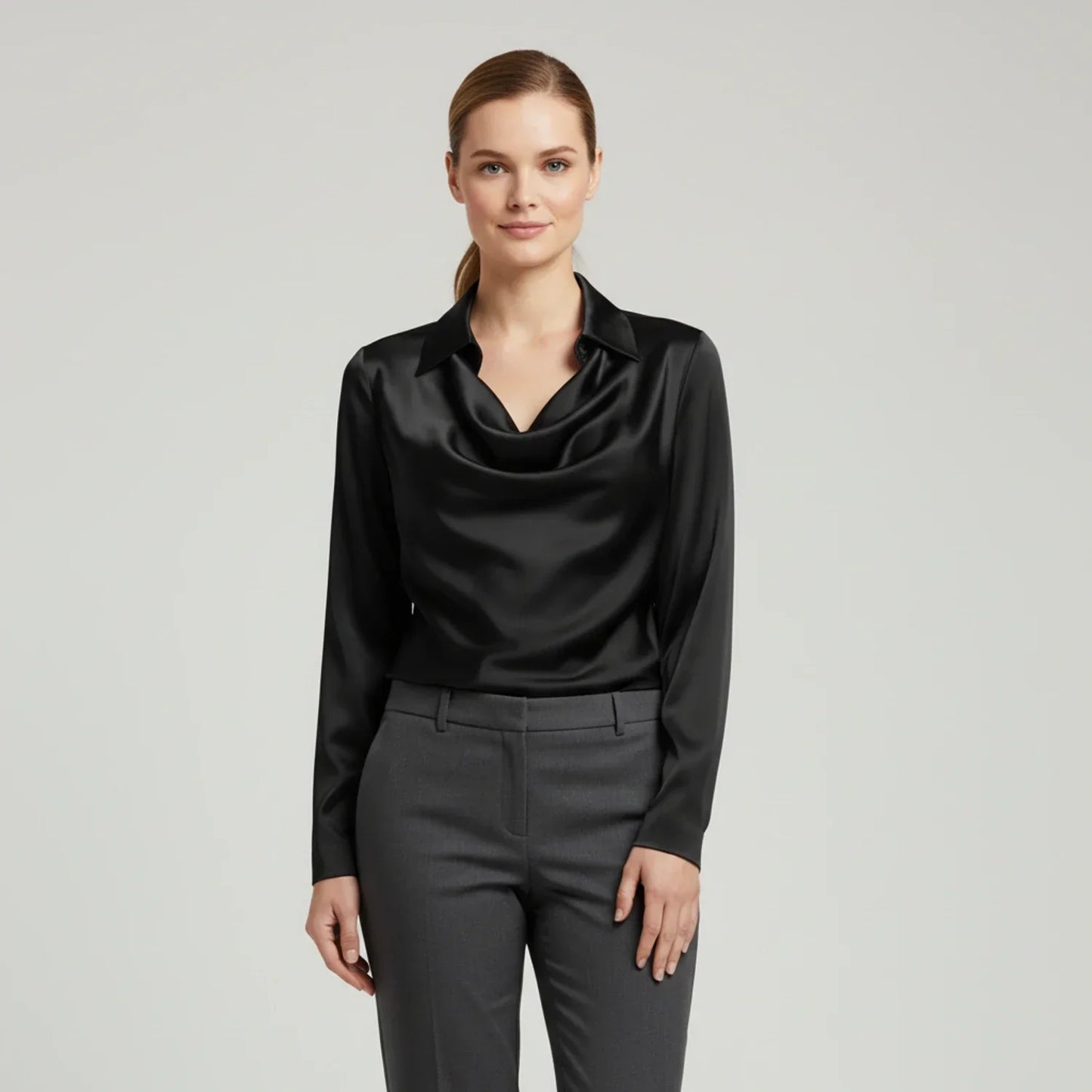 Blouse Femme À Encolure Cowl Drapée Avec Col Et Manches Longues Pour Sorties Élégantes