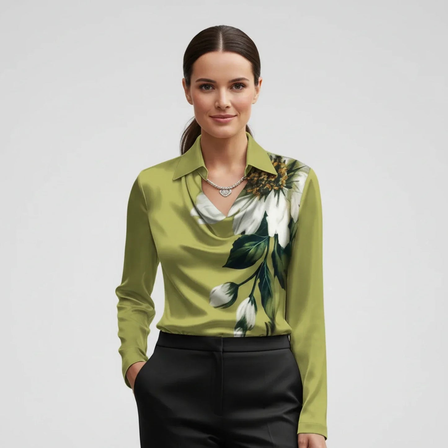 Blouse Femme À Encolure Cowl Drapée Avec Col Et Manches Longues Pour Sorties Élégantes