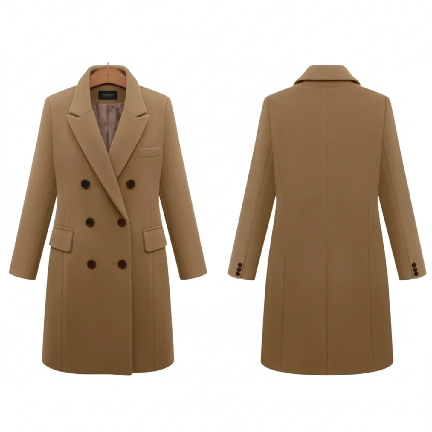 Manteau Femme Longueur Sous Genou À Double Boutonnage Revers À Cran Poches Plaquées Élégant Pour Travail Et Loisirs