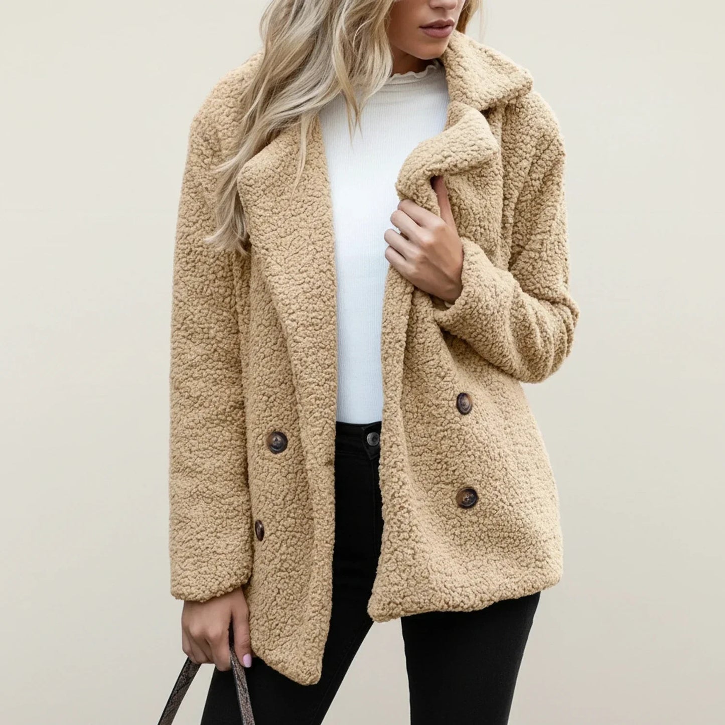 Manteau Teddy Double Boutonnage Pour Femme Silhouette Classique Avec Col et Manches Longues