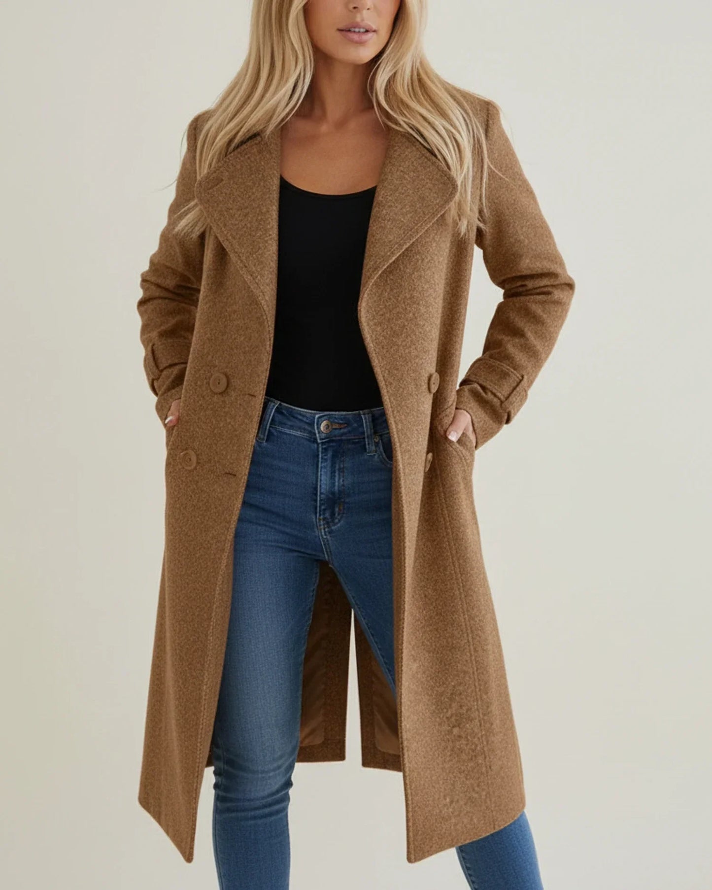 Manteau Long D Hiver Pour Femme Élégant Et Formel Avec Double Boutonnage Et Poches Pratiques