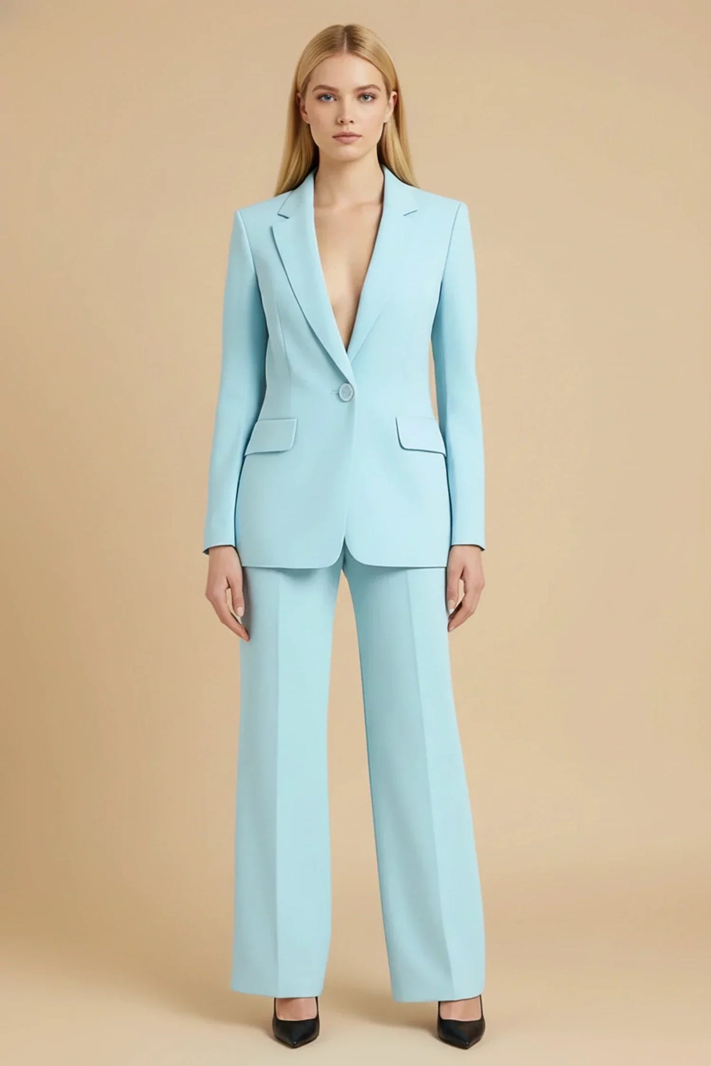 Amawinc Ensemble Tailleur Femme Élégant Avec Blazer Long Taillé Revers À Encoche Et Pantalon Large À Bouton Unique