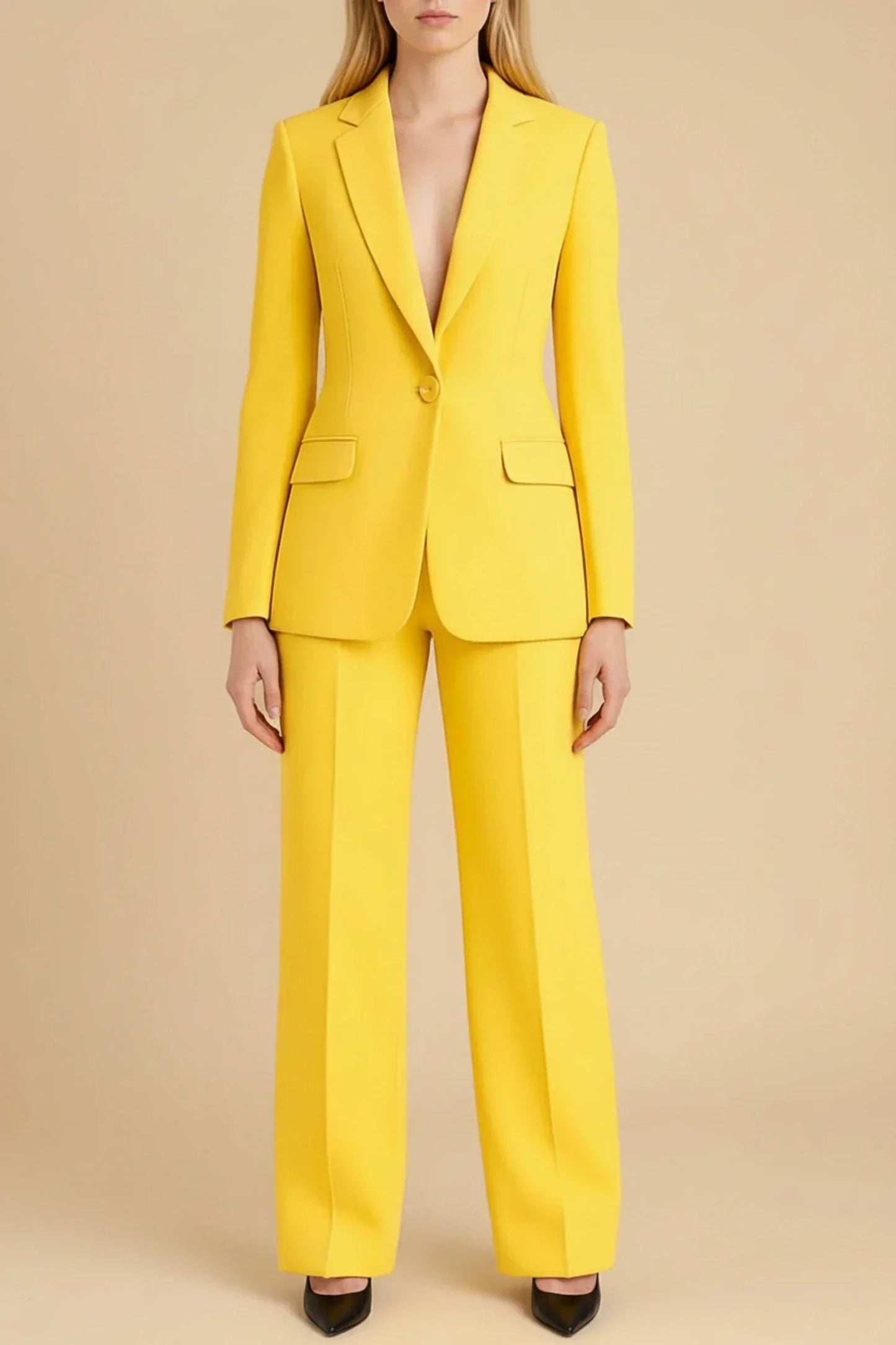 Amawinc Ensemble Tailleur Femme Élégant Avec Blazer Long Taillé Revers À Encoche Et Pantalon Large À Bouton Unique