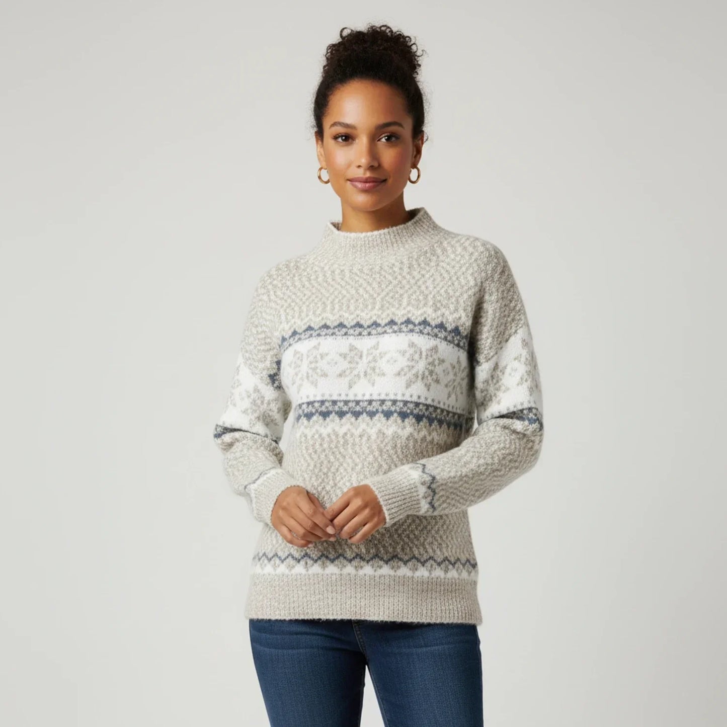 Pull Femme Motif Fair Isle Col Montant Intemporel pour Hiver Confortable et Doux