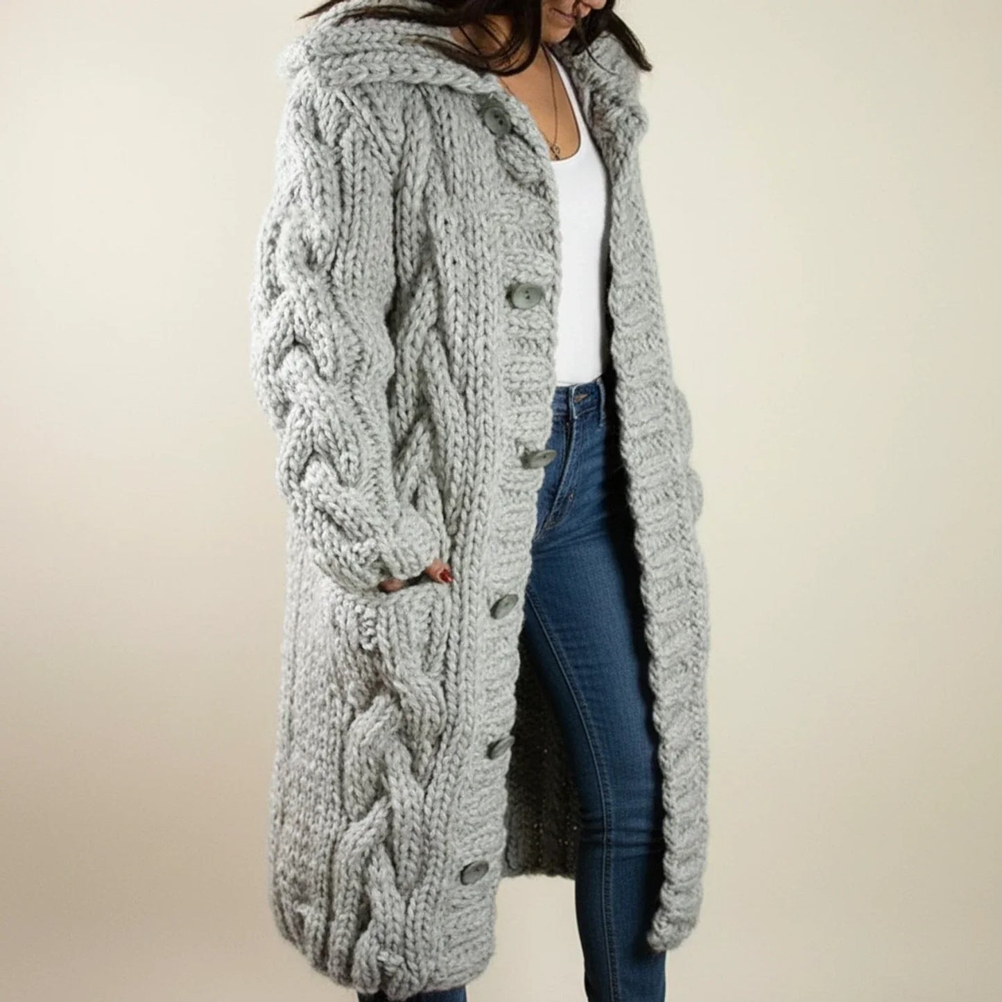 Cardigan Long À Capuche D'Hiver Boutonné Pour Femmes Confortable Et Décontracté Idéal Pour Saisons Froides