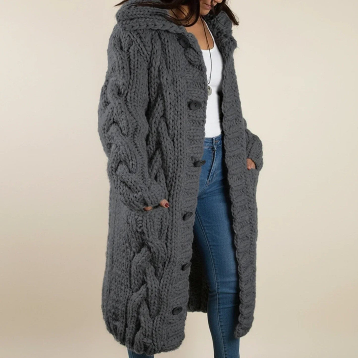 Cardigan Long À Capuche D'Hiver Boutonné Pour Femmes Confortable Et Décontracté Idéal Pour Saisons Froides