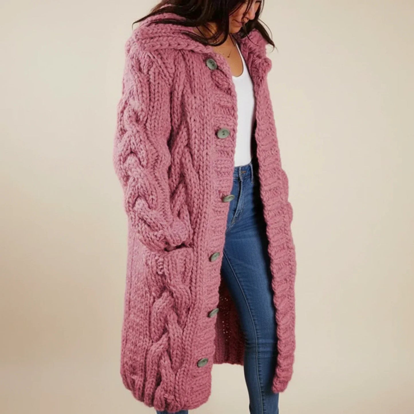 Cardigan Long À Capuche D'Hiver Boutonné Pour Femmes Confortable Et Décontracté Idéal Pour Saisons Froides