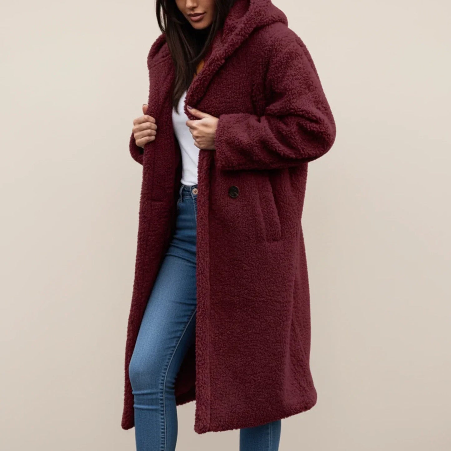 Manteau Long à Capuche en Peluche pour Femme Hiver Chaud Fermeture Boutonnée Poches Plaquées