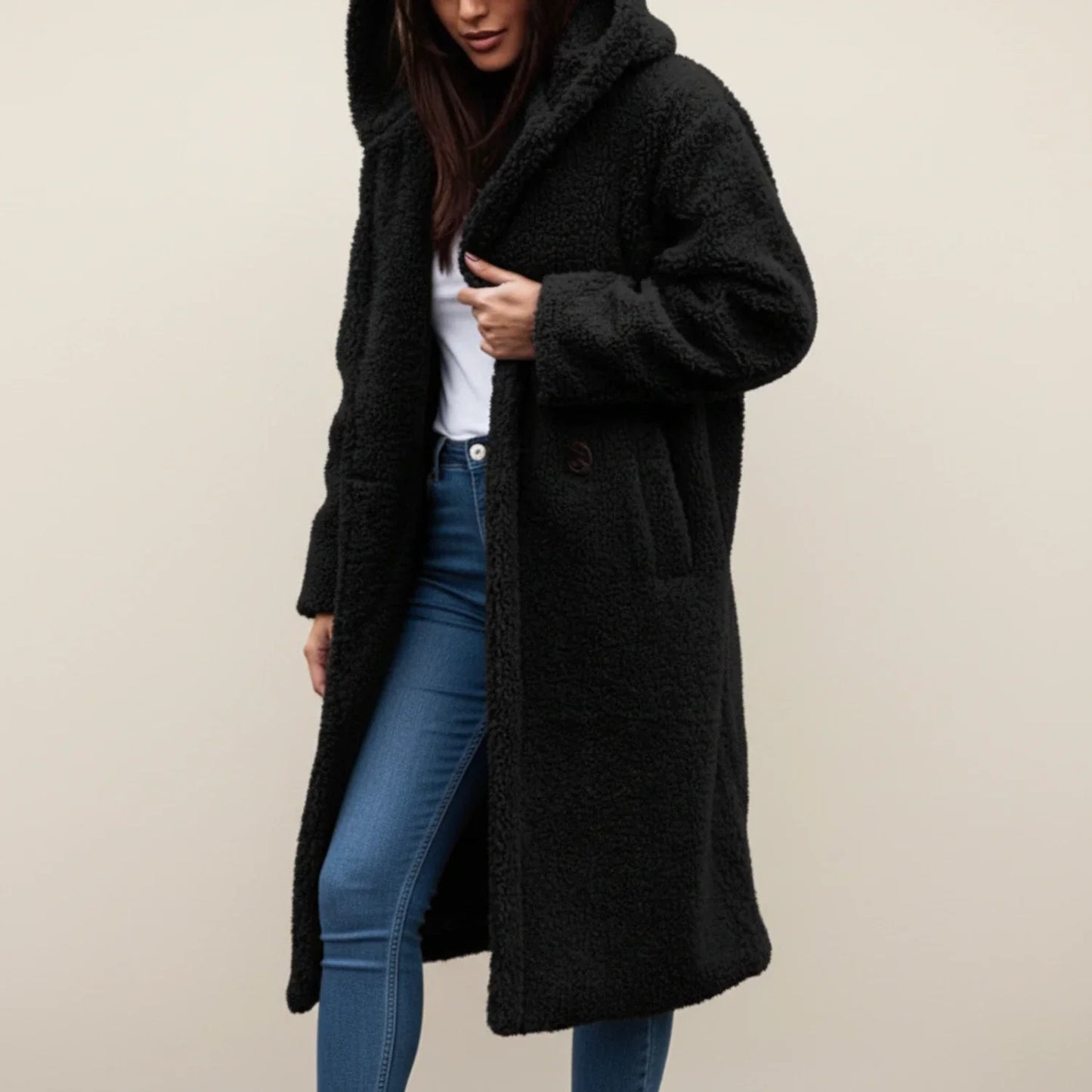 Manteau Long à Capuche en Peluche pour Femme Hiver Chaud Fermeture Boutonnée Poches Plaquées