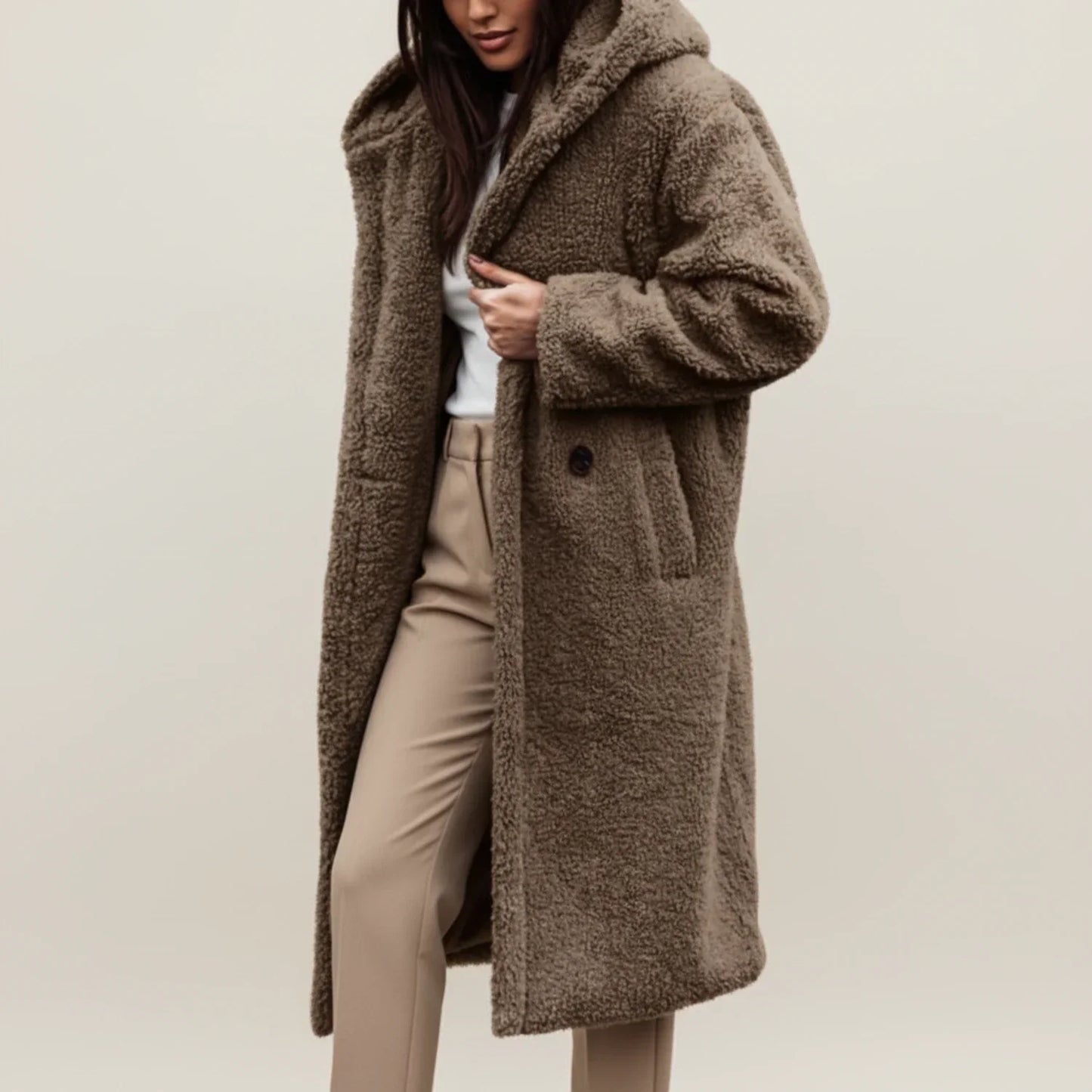 Manteau Long à Capuche en Peluche pour Femme Hiver Chaud Fermeture Boutonnée Poches Plaquées
