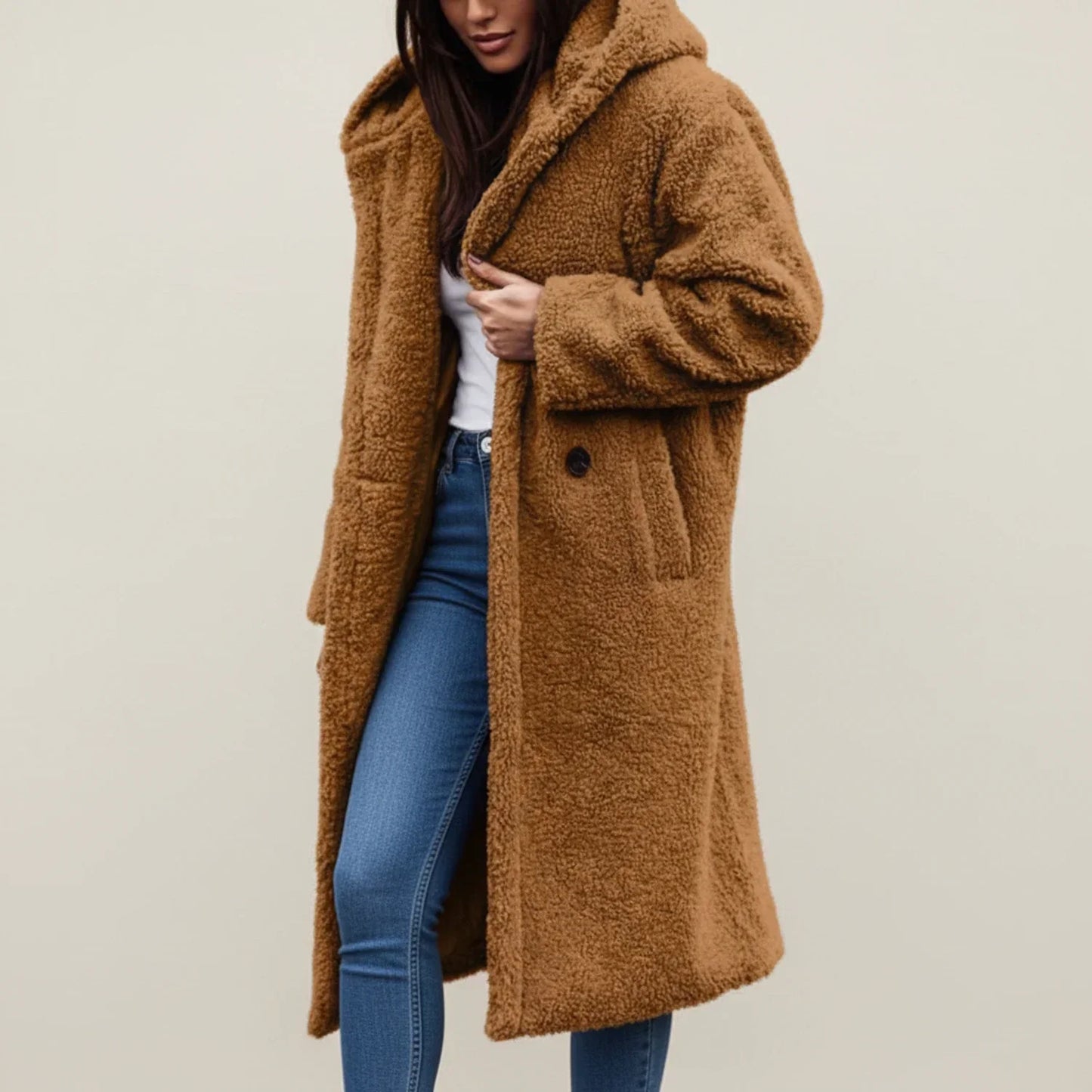 Manteau Long à Capuche en Peluche pour Femme Hiver Chaud Fermeture Boutonnée Poches Plaquées