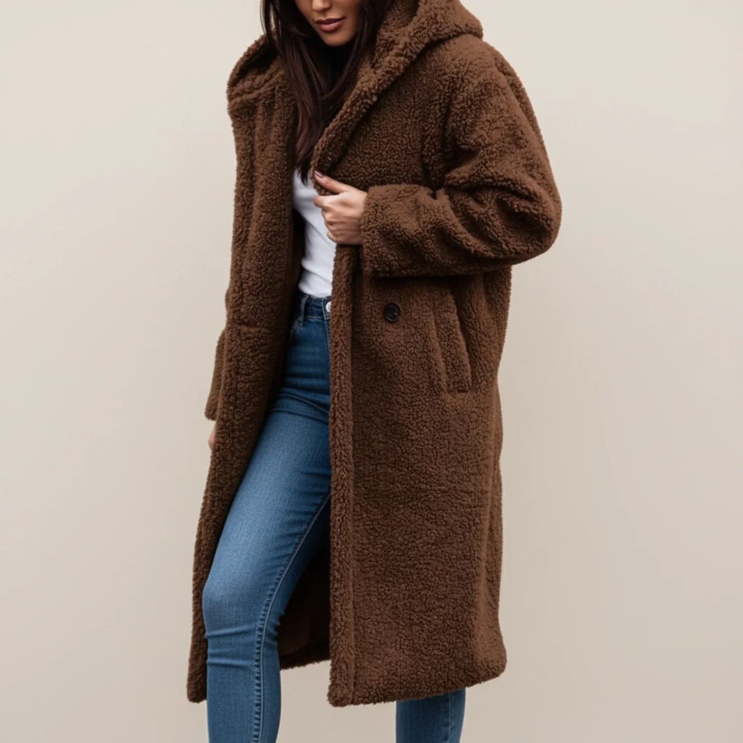 Manteau Long à Capuche en Peluche pour Femme Hiver Chaud Fermeture Boutonnée Poches Plaquées