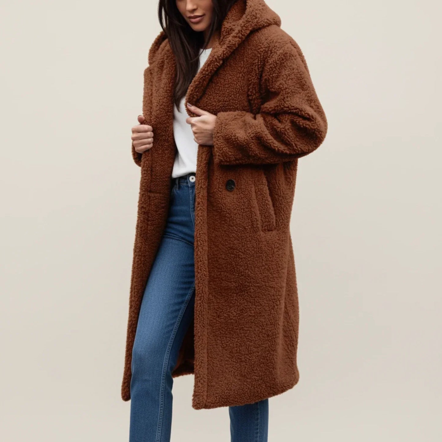 Manteau Long à Capuche en Peluche pour Femme Hiver Chaud Fermeture Boutonnée Poches Plaquées