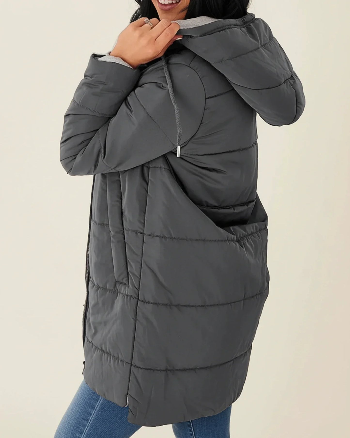 Veste D'Hiver Longue Matelassée À Capuche Pour Femme Avec Fermeture Éclair Et Poches Pratiques
