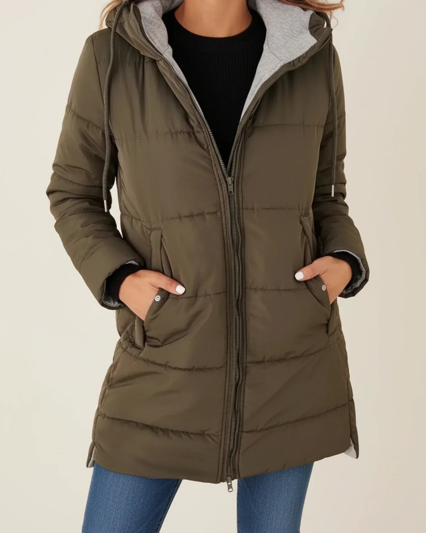 Veste D'Hiver Longue Matelassée À Capuche Pour Femme Avec Fermeture Éclair Et Poches Pratiques
