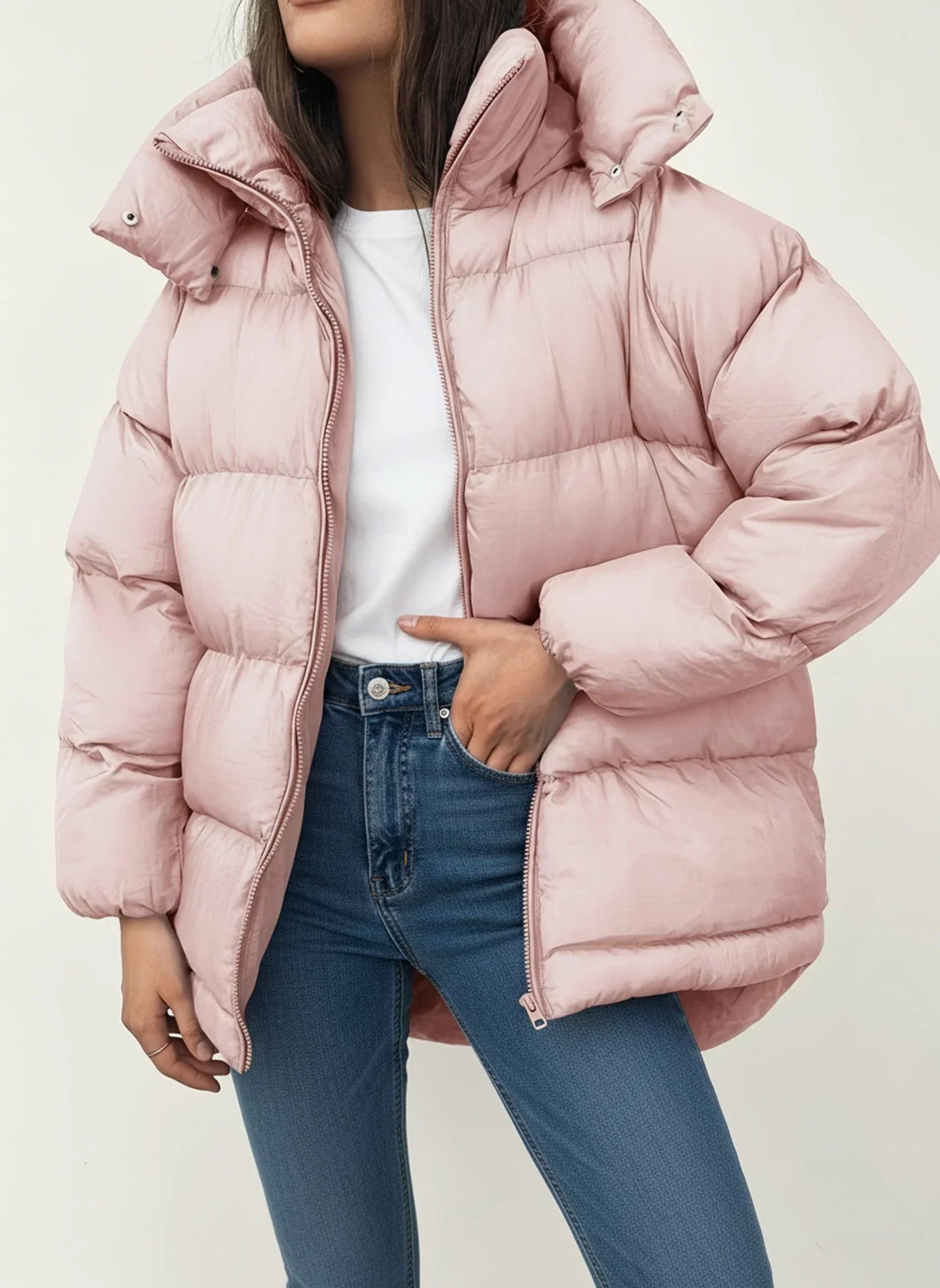 Doudoune D'Hiver Oversize Pour Femme À Capuche Avec Fermeture À Pressions Col Haut Longueur Mi-Hanche