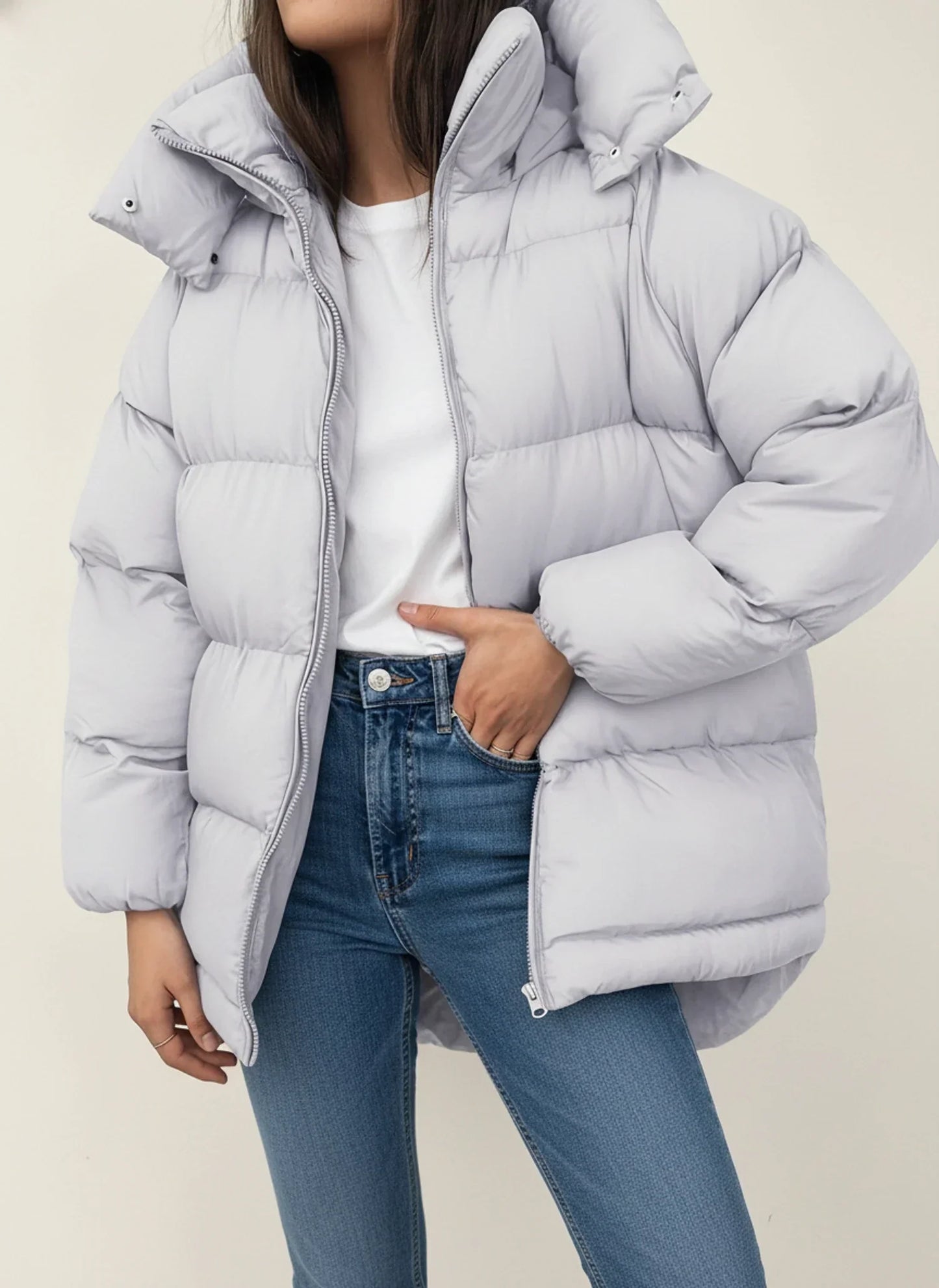 Doudoune D'Hiver Oversize Pour Femme À Capuche Avec Fermeture À Pressions Col Haut Longueur Mi-Hanche