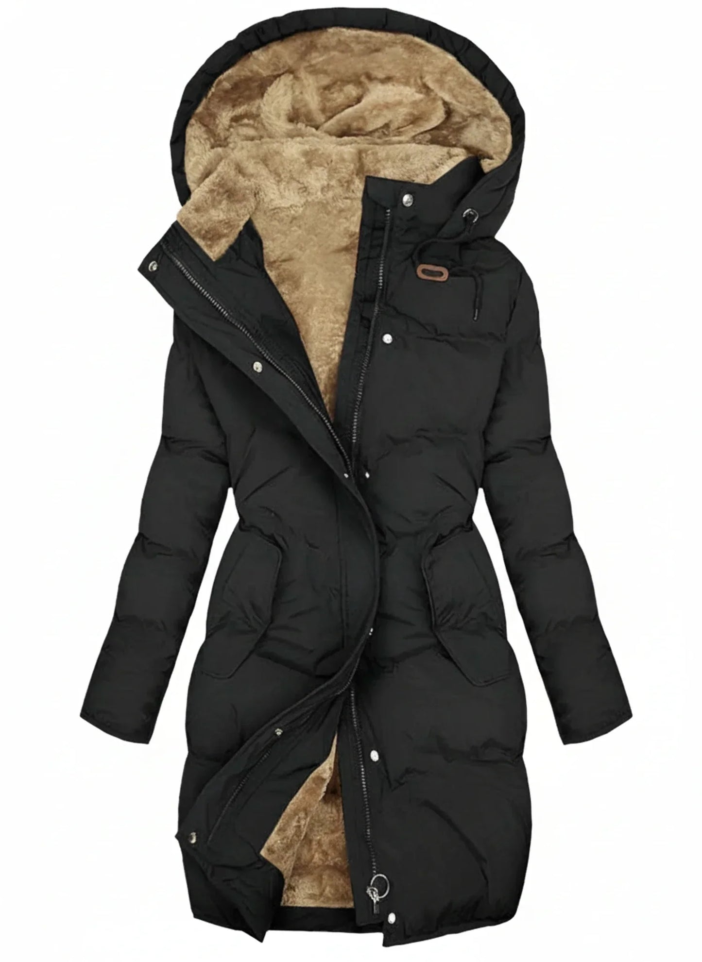 Doudoune Longue Pour Femme à Capuche Imperméable et Matelassée avec Ceinture Ajustable et Fermeture Éclair