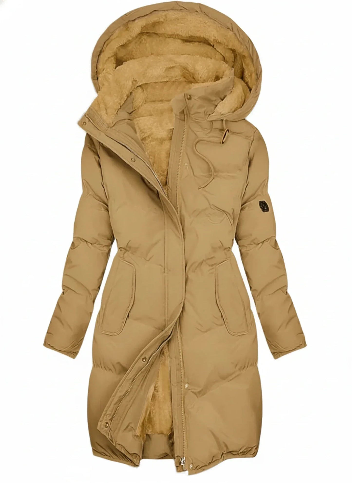 Doudoune Longue Pour Femme à Capuche Imperméable et Matelassée avec Ceinture Ajustable et Fermeture Éclair