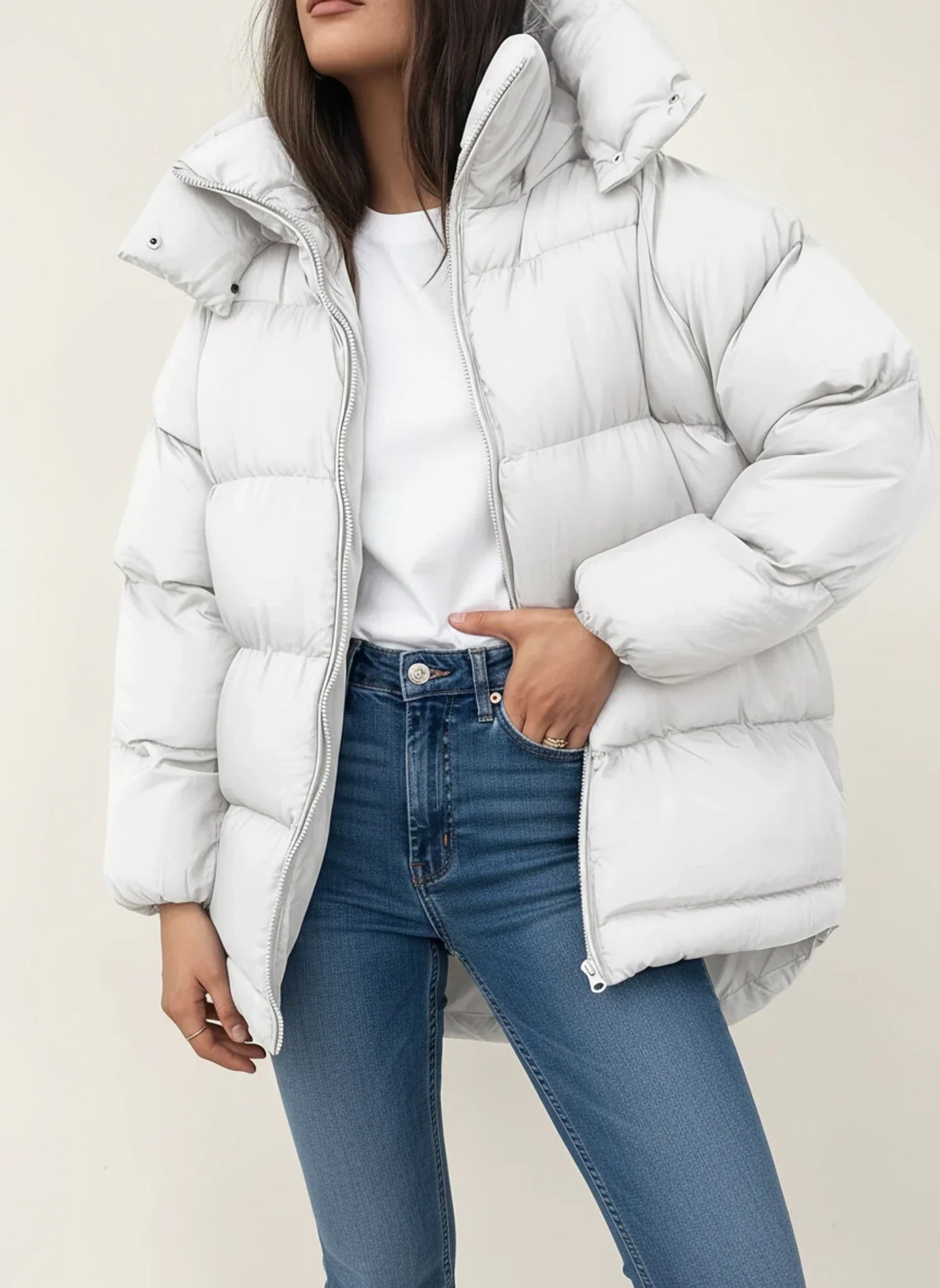Doudoune D'Hiver Oversize Pour Femme À Capuche Avec Fermeture À Pressions Col Haut Longueur Mi-Hanche