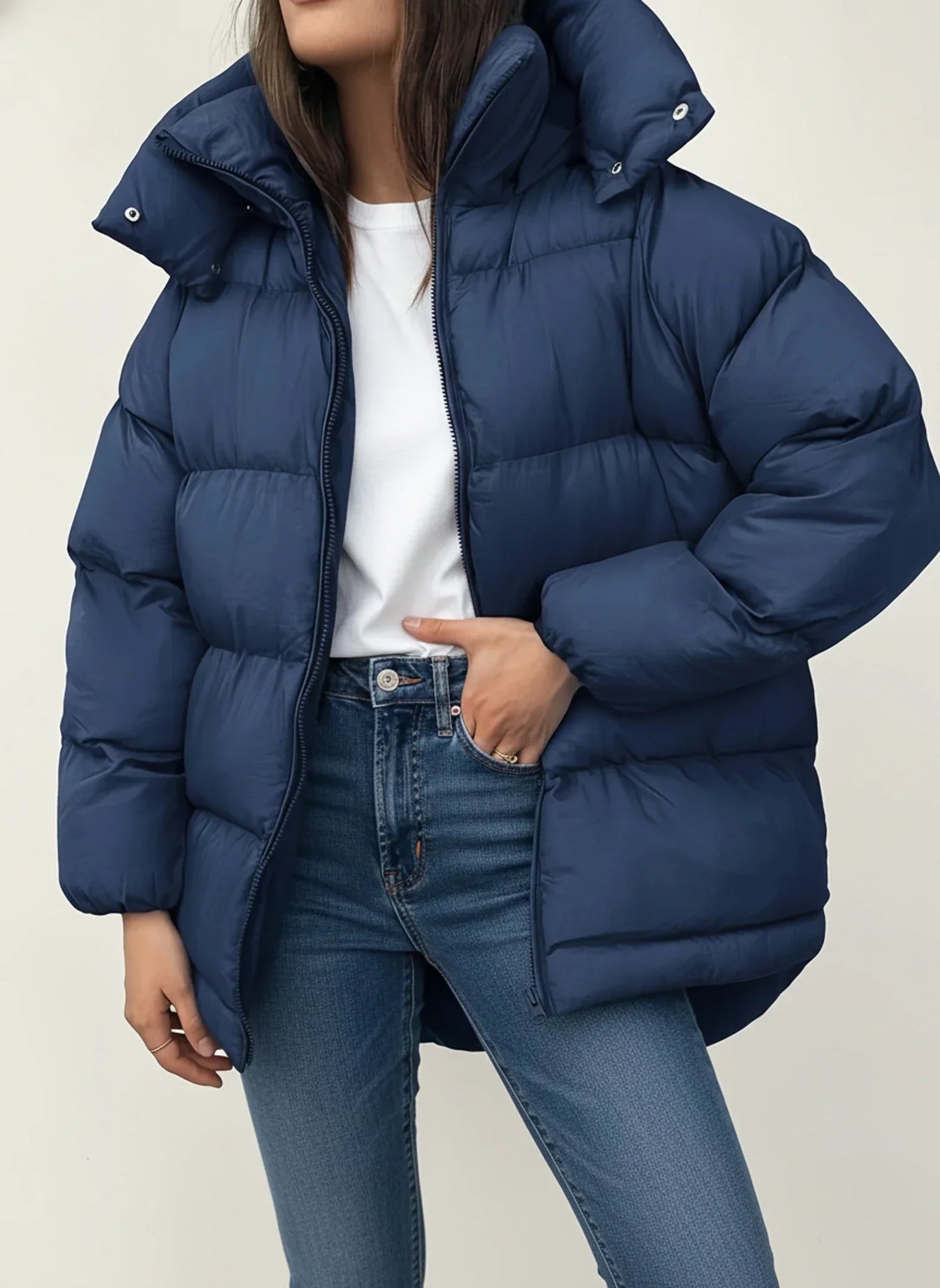 Doudoune D'Hiver Oversize Pour Femme À Capuche Avec Fermeture À Pressions Col Haut Longueur Mi-Hanche