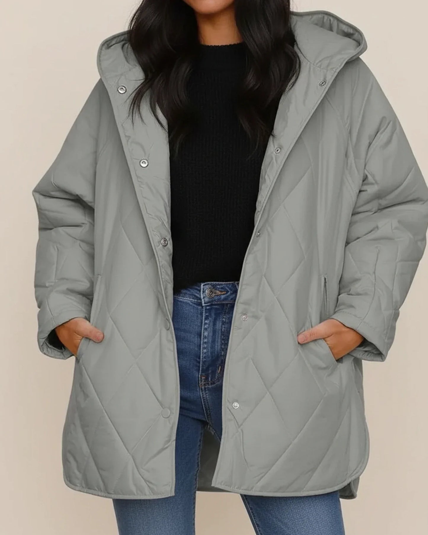Veste Hivernale Oversize Pour Femme Capuche Matelassée Boutons Poches Patch Longue Silhouette