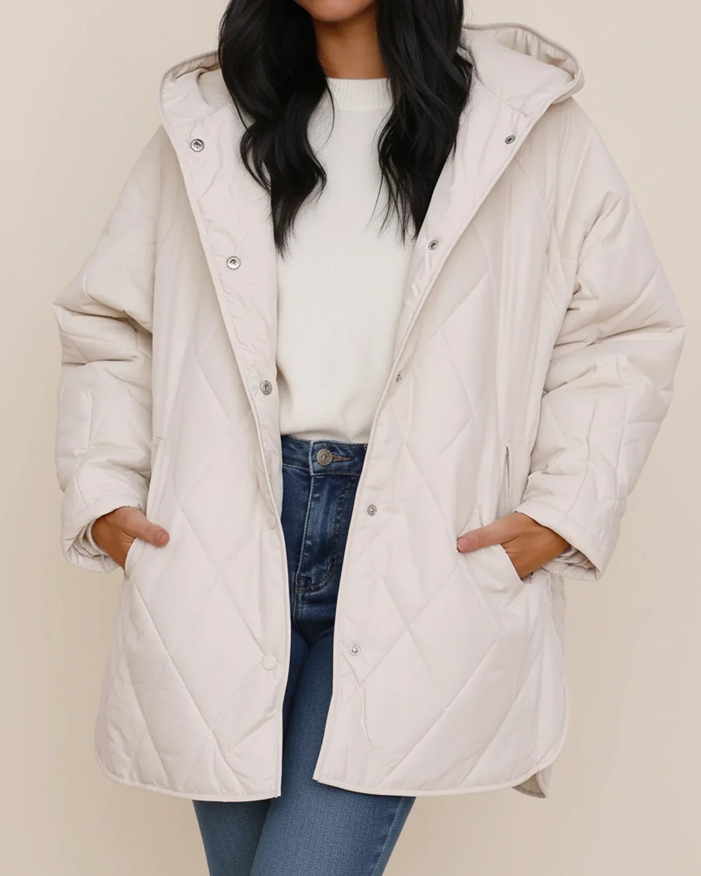 Veste Hivernale Oversize Pour Femme Capuche Matelassée Boutons Poches Patch Longue Silhouette