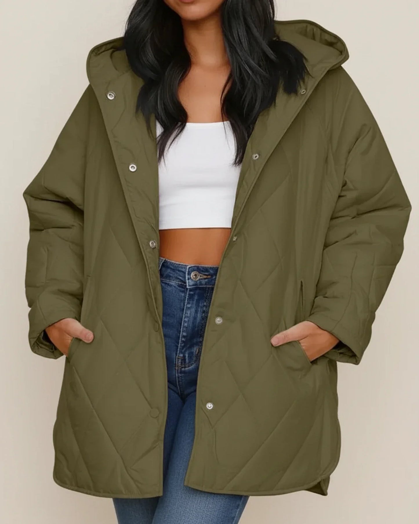 Veste Hivernale Oversize Pour Femme Capuche Matelassée Boutons Poches Patch Longue Silhouette