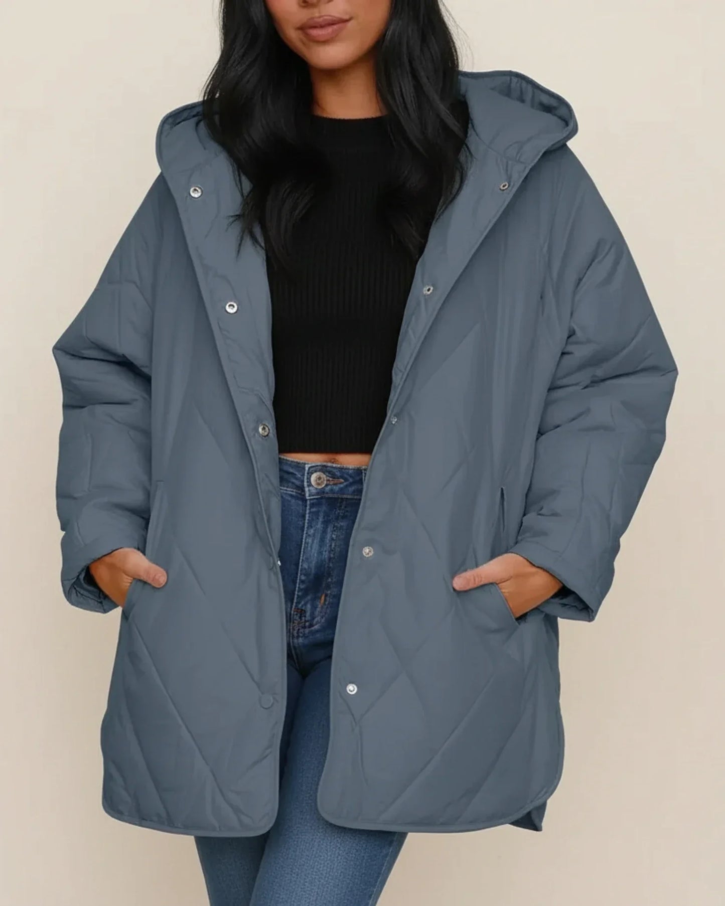 Veste Hivernale Oversize Pour Femme Capuche Matelassée Boutons Poches Patch Longue Silhouette