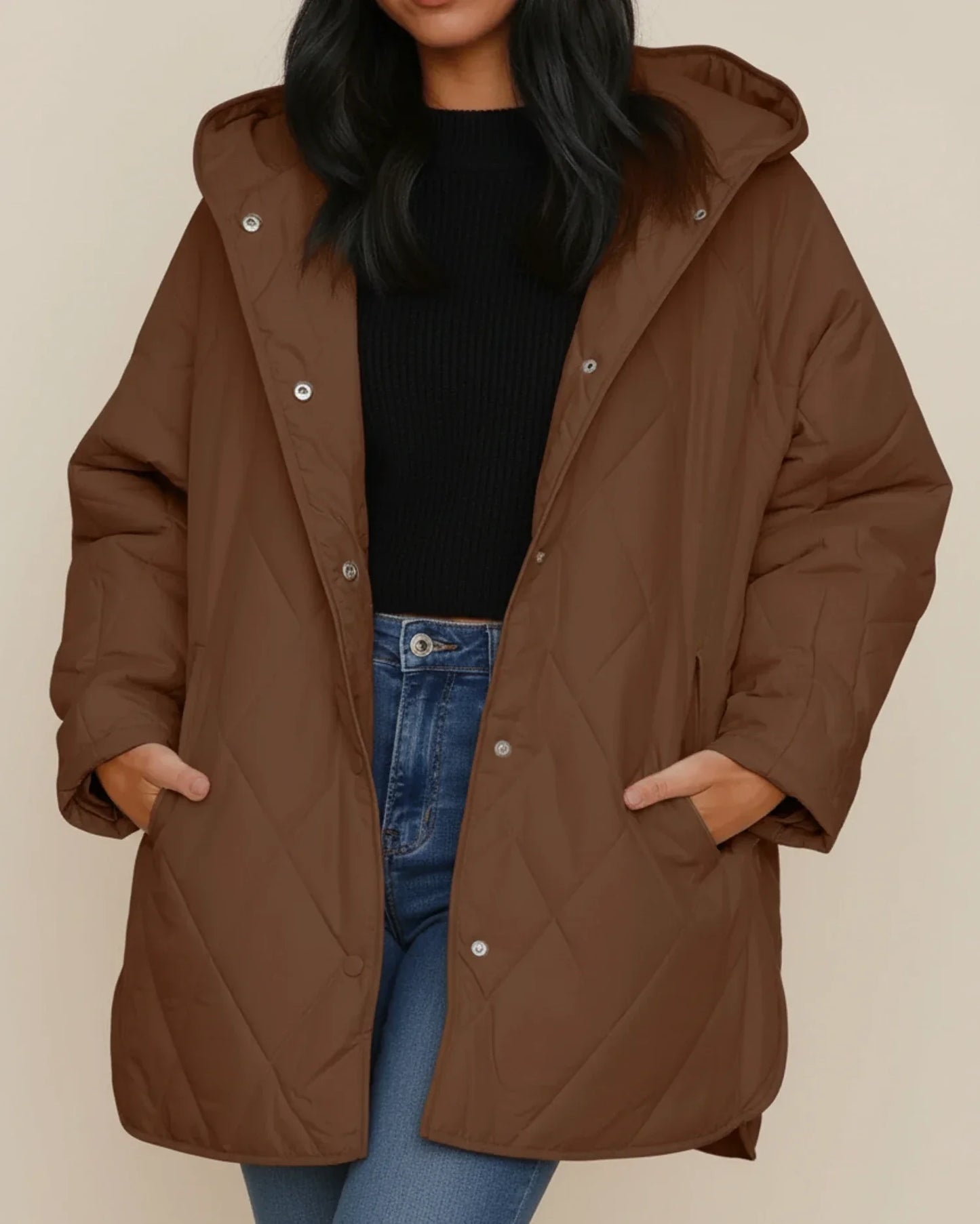 Veste Hivernale Oversize Pour Femme Capuche Matelassée Boutons Poches Patch Longue Silhouette