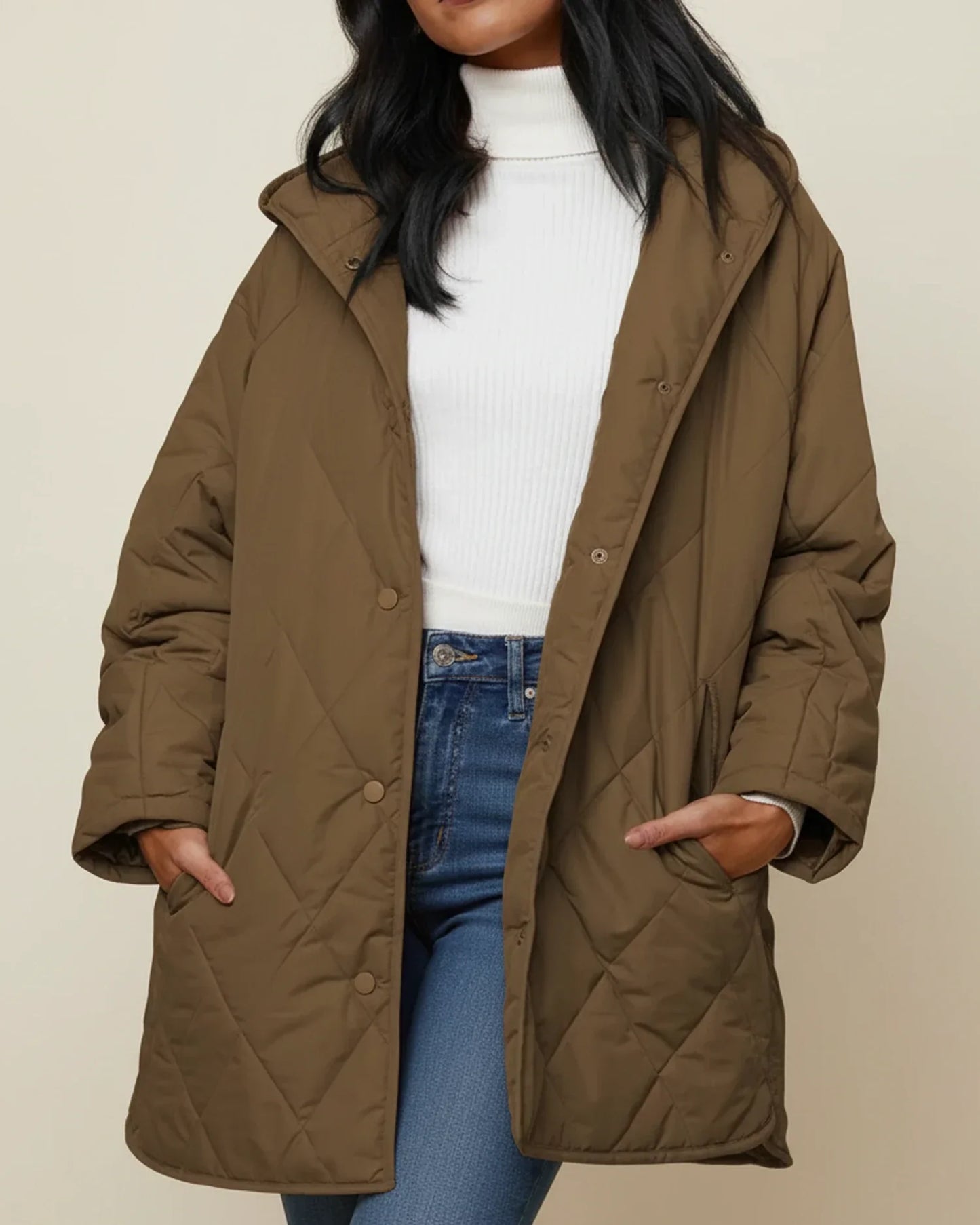 Veste Hivernale Oversize Pour Femme Capuche Matelassée Boutons Poches Patch Longue Silhouette