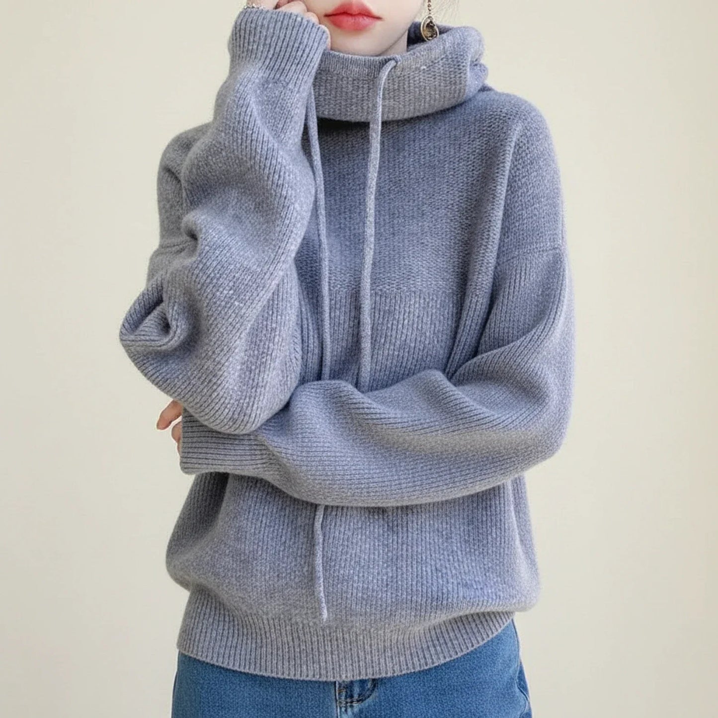 Pull à Capuche Douillet pour Femme Hiver Oversize Avec Col Bénitier et Cordon Ajustable Style Décontracté