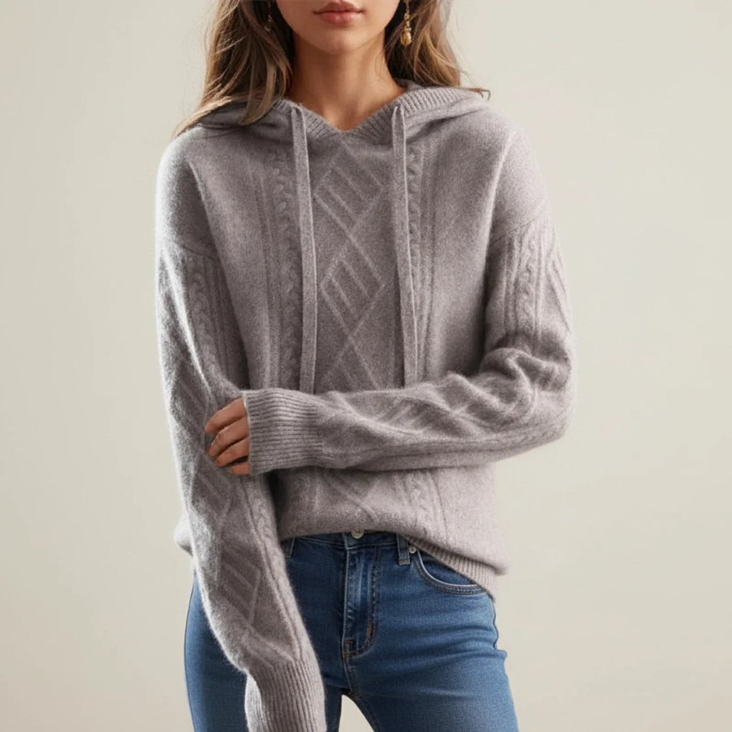 Pull Capuche Femme En Maille Câble À Cordon Douillet Et Confortable Pour Hiver Style Décontracté