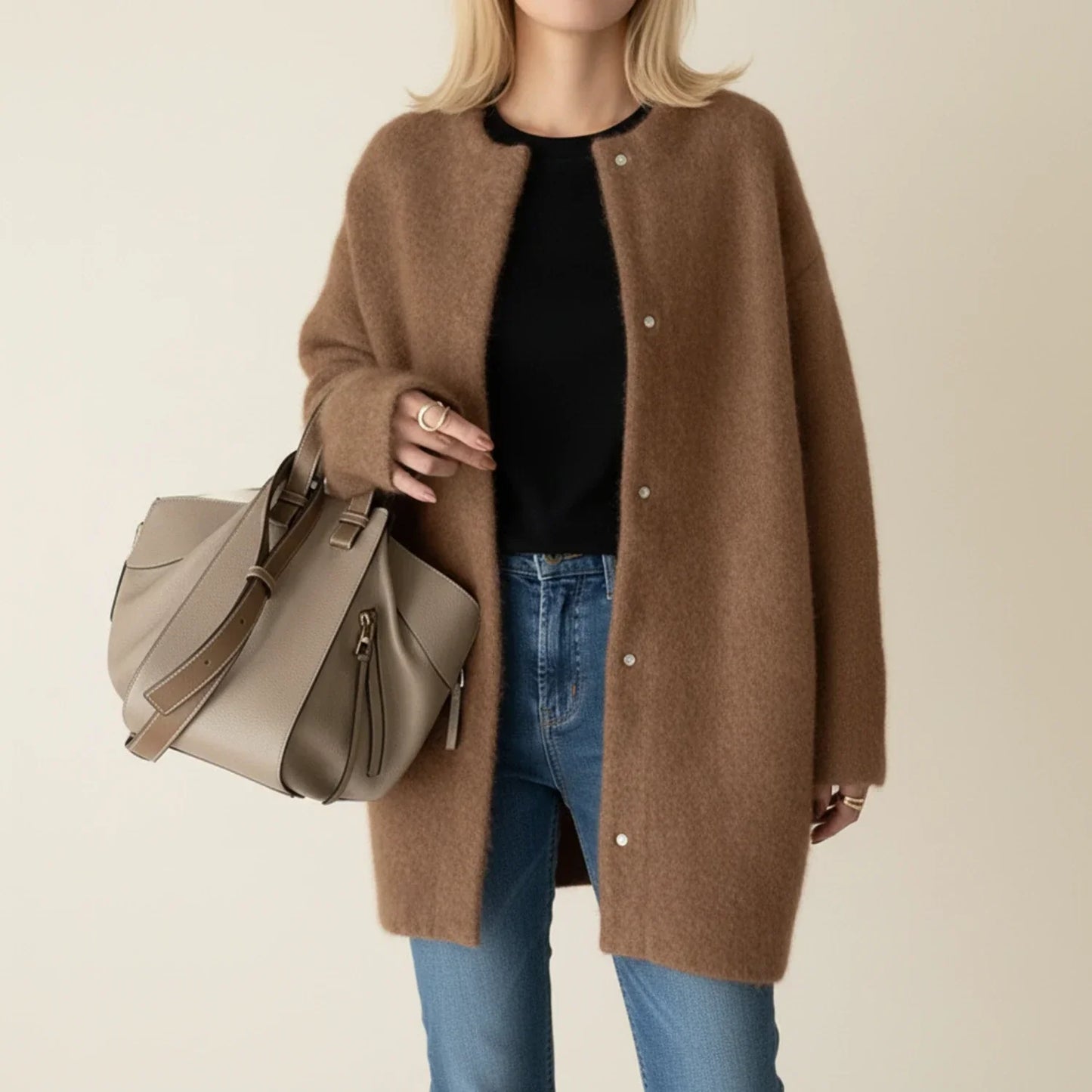 Cardigan Longline Femme Chaud Pour L'Hiver Ouvert Devant Sans Col Avec Fermeture Boutonnée Polyvalent