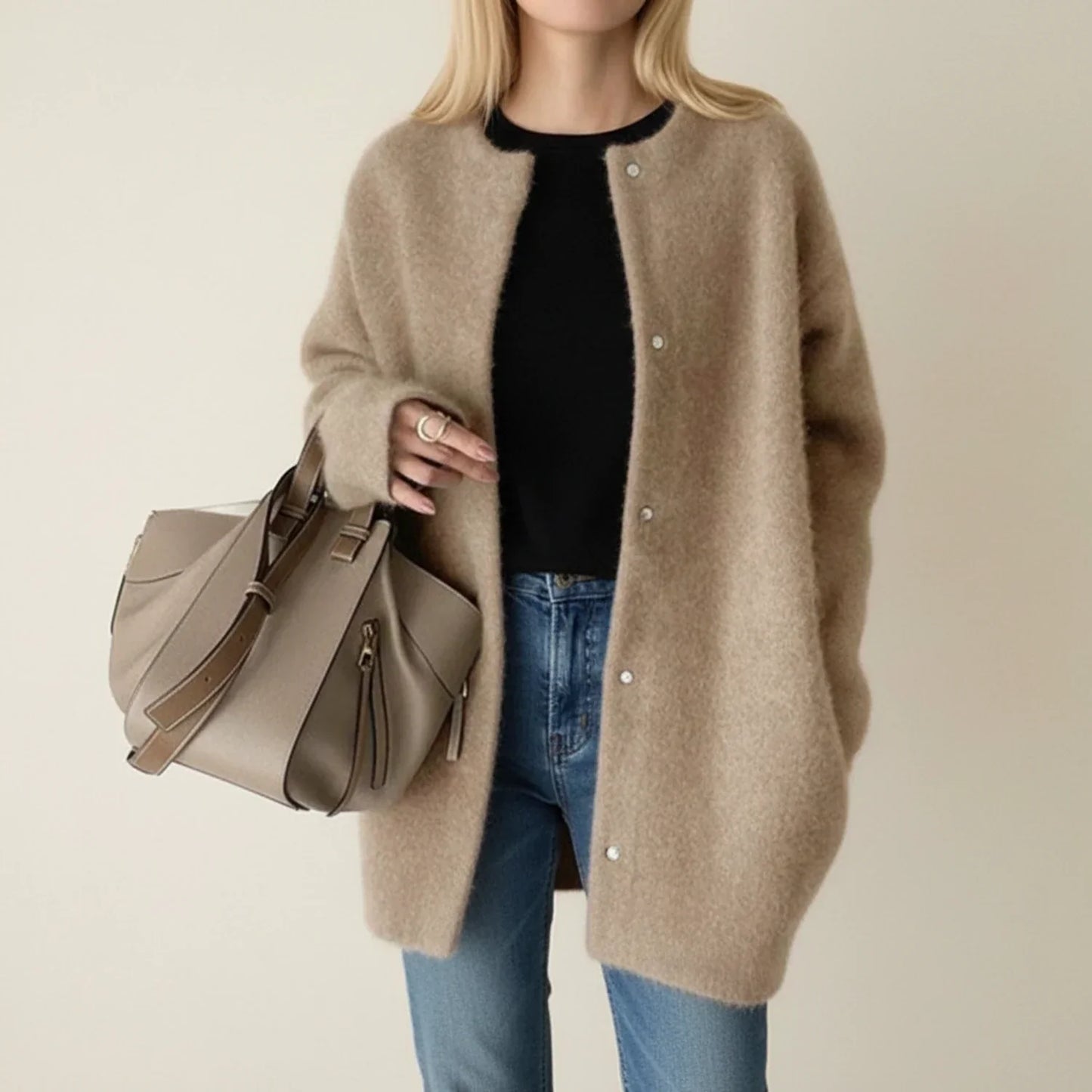 Cardigan Longline Femme Chaud Pour L'Hiver Ouvert Devant Sans Col Avec Fermeture Boutonnée Polyvalent