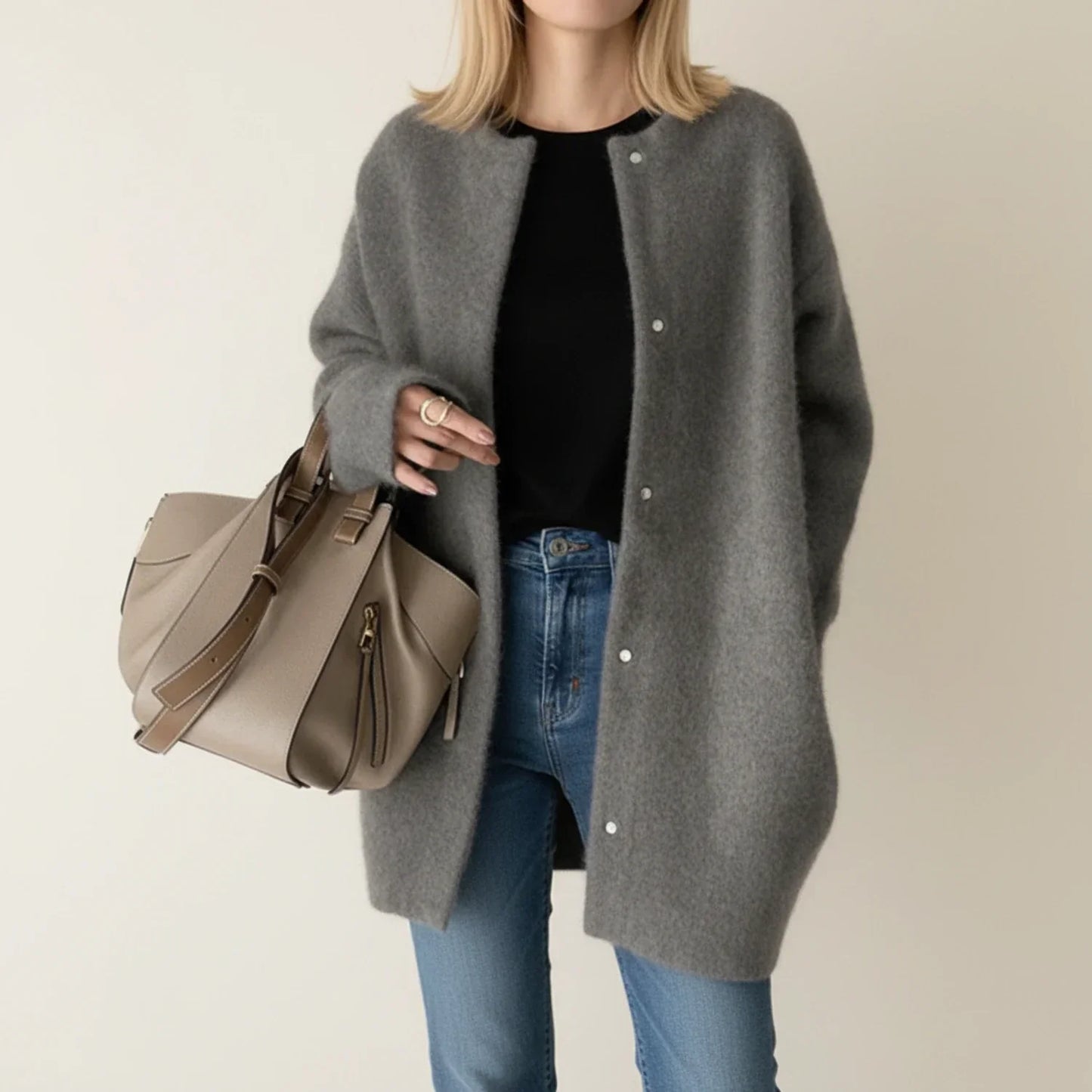 Cardigan Longline Femme Chaud Pour L'Hiver Ouvert Devant Sans Col Avec Fermeture Boutonnée Polyvalent