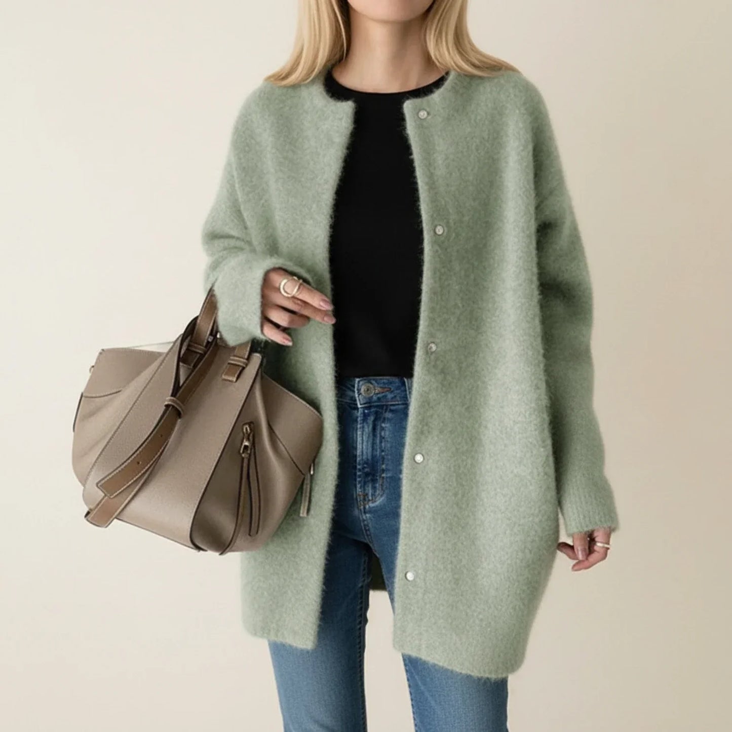 Cardigan Longline Femme Chaud Pour L'Hiver Ouvert Devant Sans Col Avec Fermeture Boutonnée Polyvalent