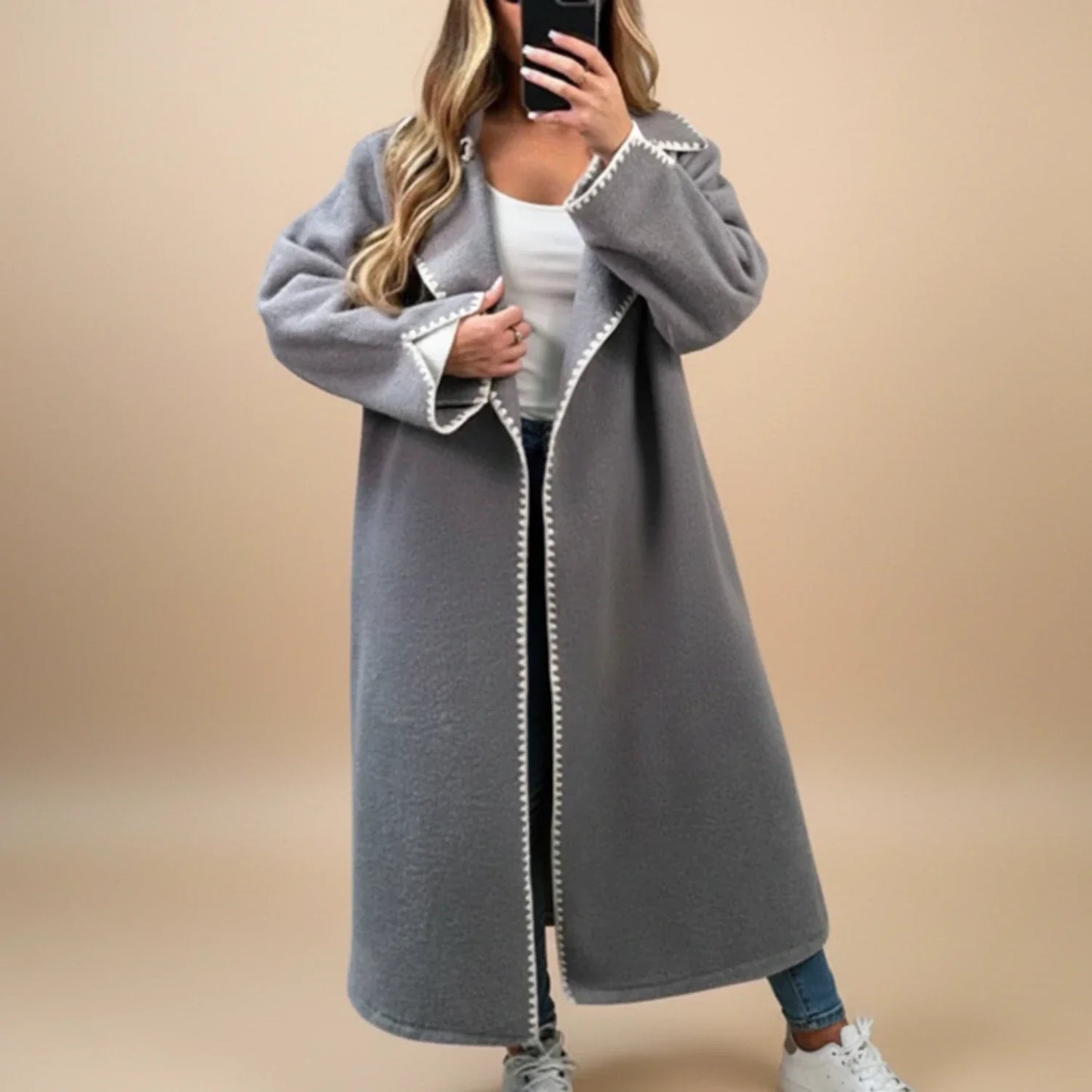 Manteau Longiligne Duster Pour Femme Ouvert Devant Avec Bordure Contrastée Et Coupe Décontractée