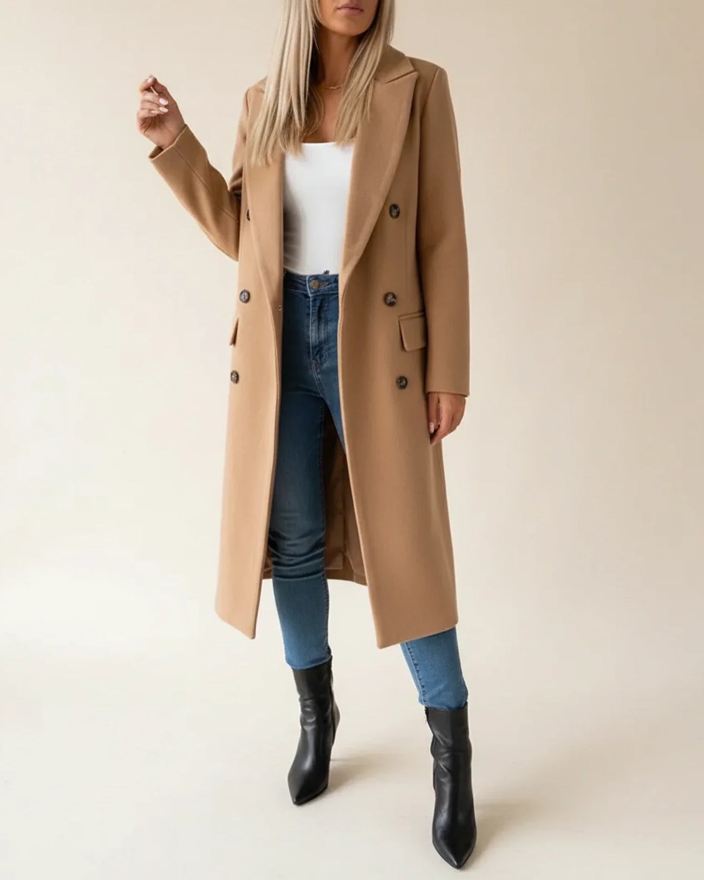 Manteau Trench Long Classique Élégant pour Femme à Double Boutonnage et Col Revers